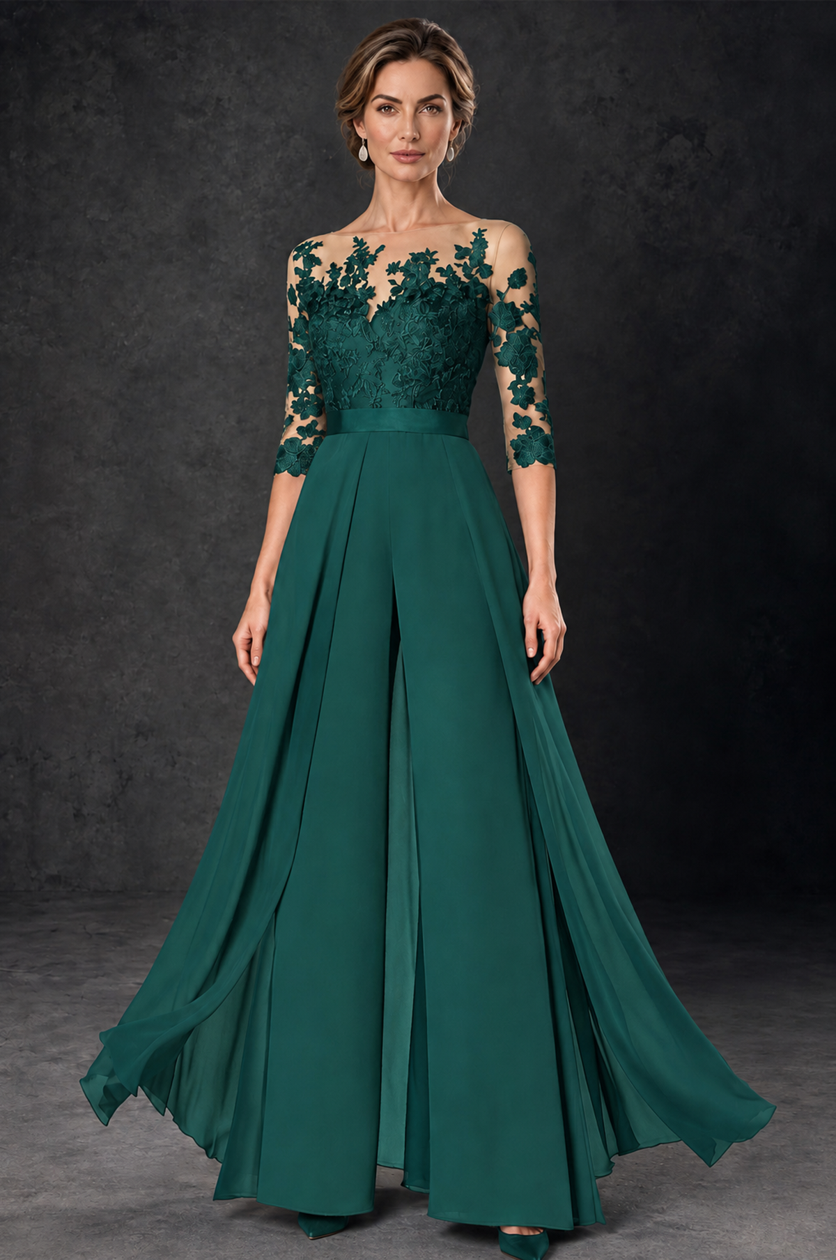 BOLODOO Teal Lace Wide-Leg Jumpsuit with Three-Quarter Sleeves - Teal - Teal_2