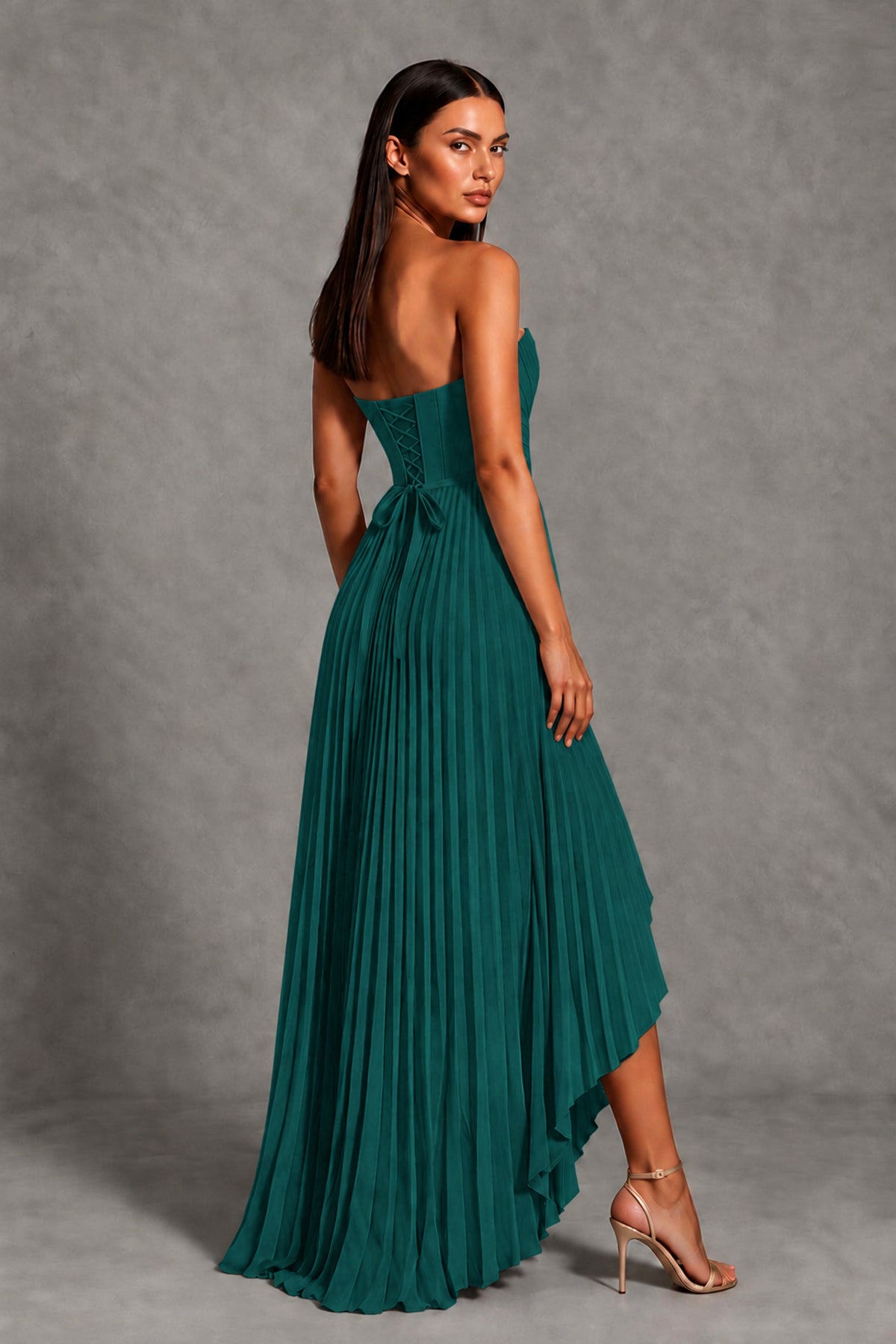Teal Strapless Pleated High-Low Evening Gown with Ruffle Hem - Teal - Teal_2