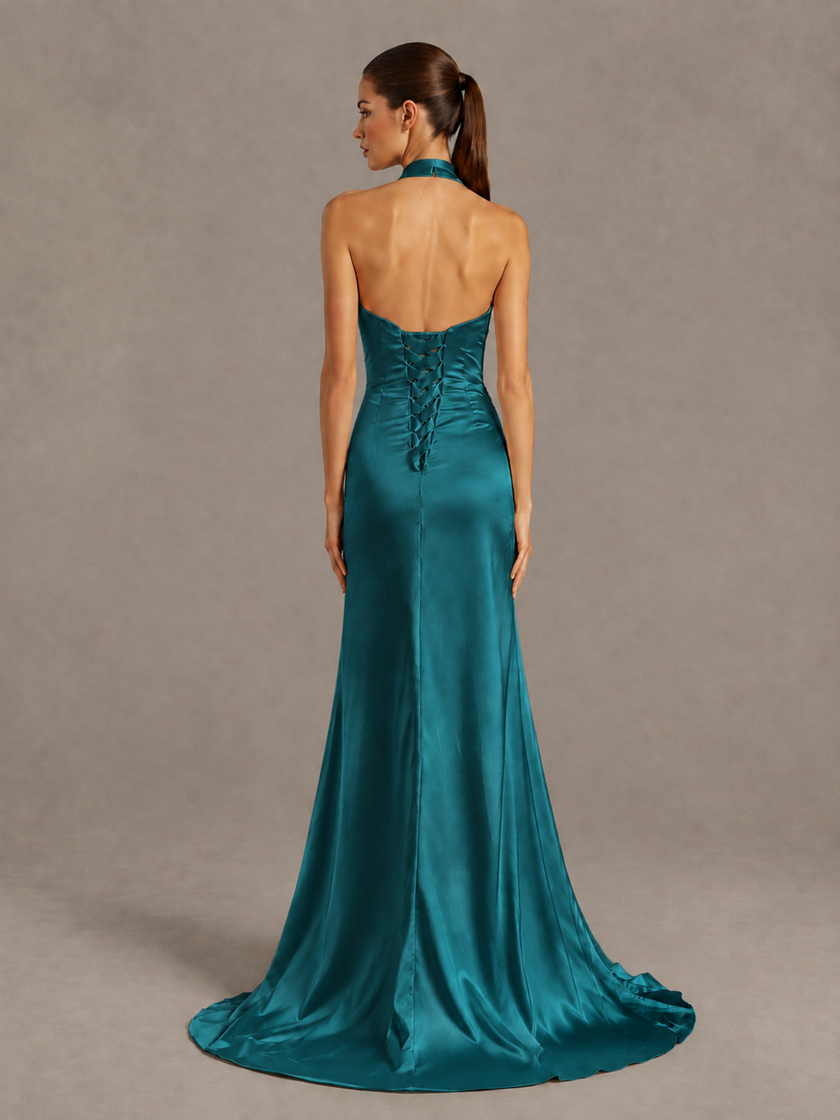 BOLODOO Teal Halter Satin Evening & Prom Dress with High Slit - Teal - Teal_2