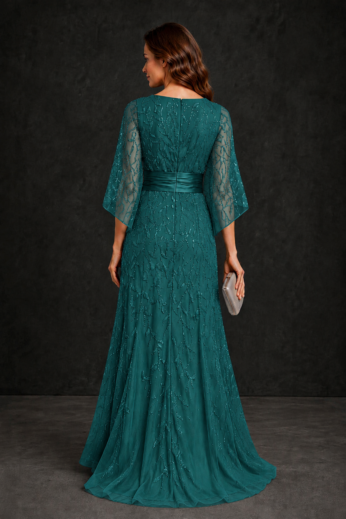 BOLODOO Teal Bateau Neck Bell Sleeve Sequin Embroidered Satin Waist A-Line Maxi Dress - Teal - Teal_2