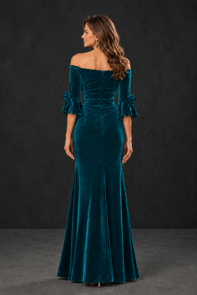 BOLODOO Teal Velvet Mother of the Bride Dress with Rosette Sleeves - Teal - Teal_2