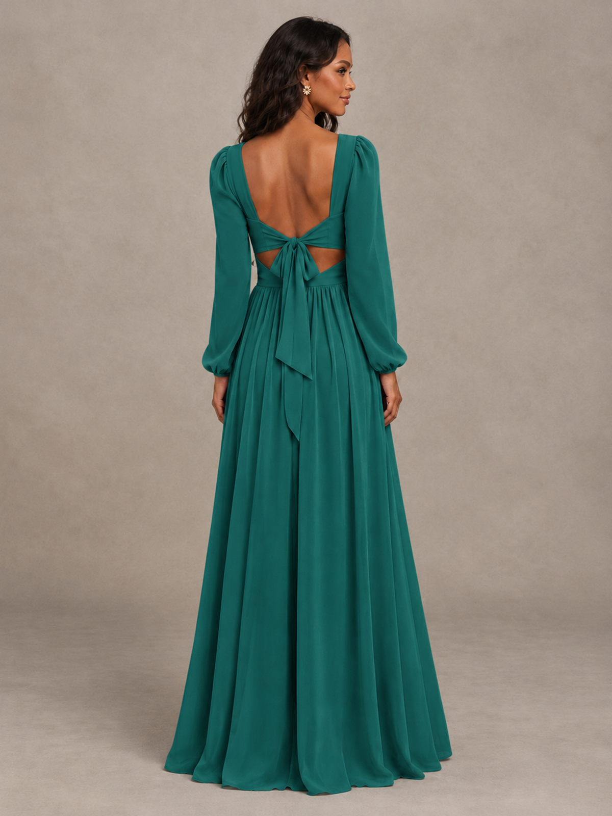BOLODOO Teal V-Neck Long Sleeve Bridesmaid Dress with Tie Back and Slit - Teal - Teal_2