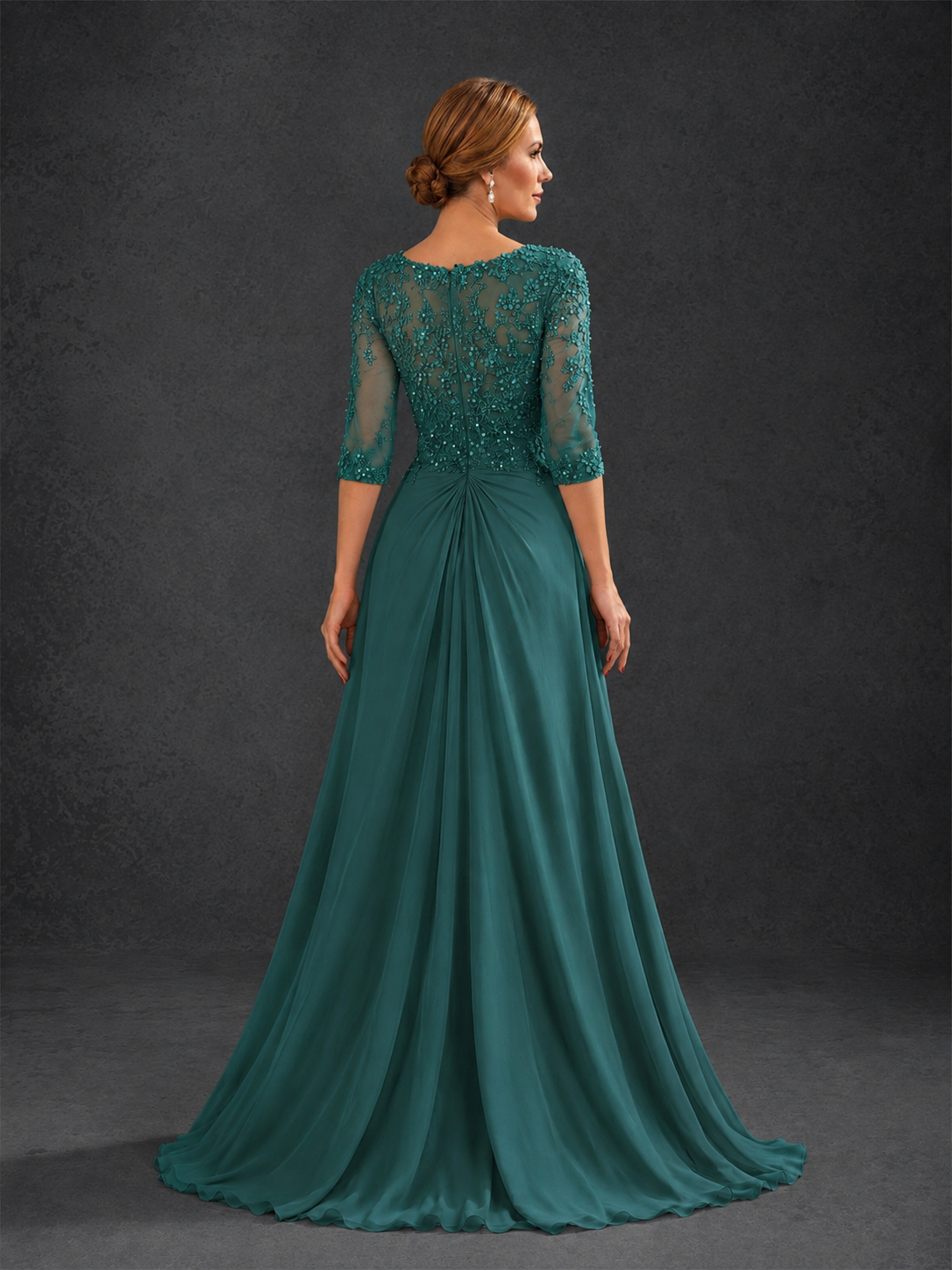 BOLODOO Teal Sweetheart Neck 3/4 Sleeve Floral Lace Illusion Bodice Chiffon A-Line Gown - Teal