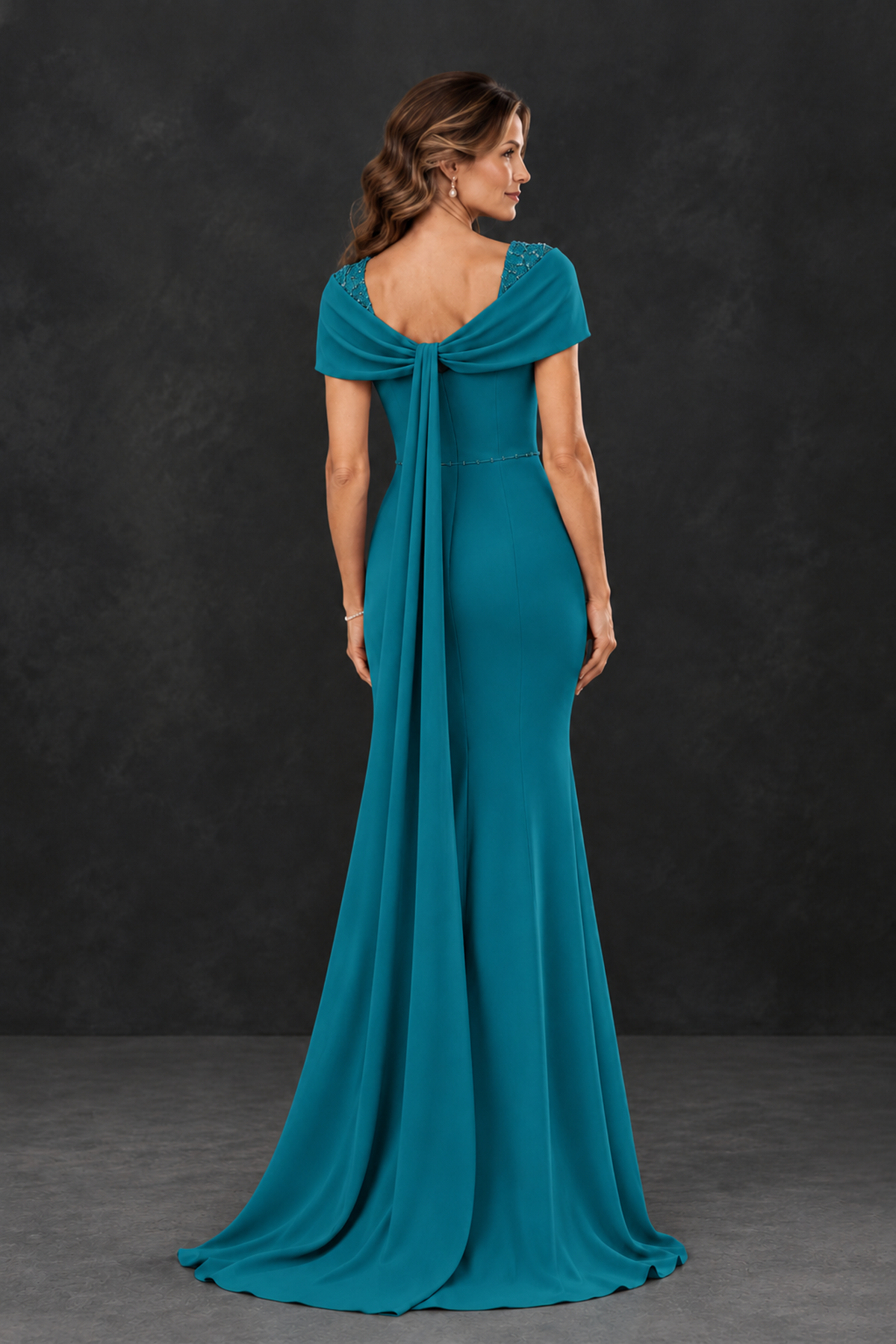 BOLODOO Teal Mother of the Bride Dress with Draped Cape Detail - Teal - Teal_2