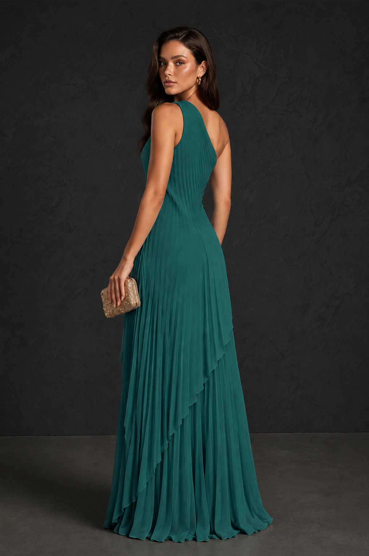 BOLODOO Teal One-Shoulder Sunburst Pleated Asymmetric Layered Overlay Accordion Pleated Chiffon Maxi Dress - Teal
