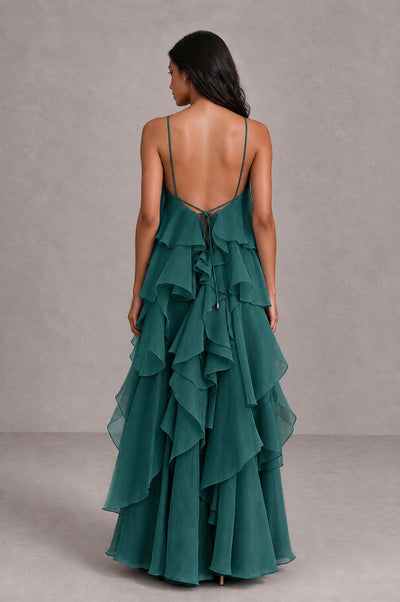 BOLODOO Teal Cascading Ruffle Rosette Open-Back Maxi Dress - Teal - Teal_2