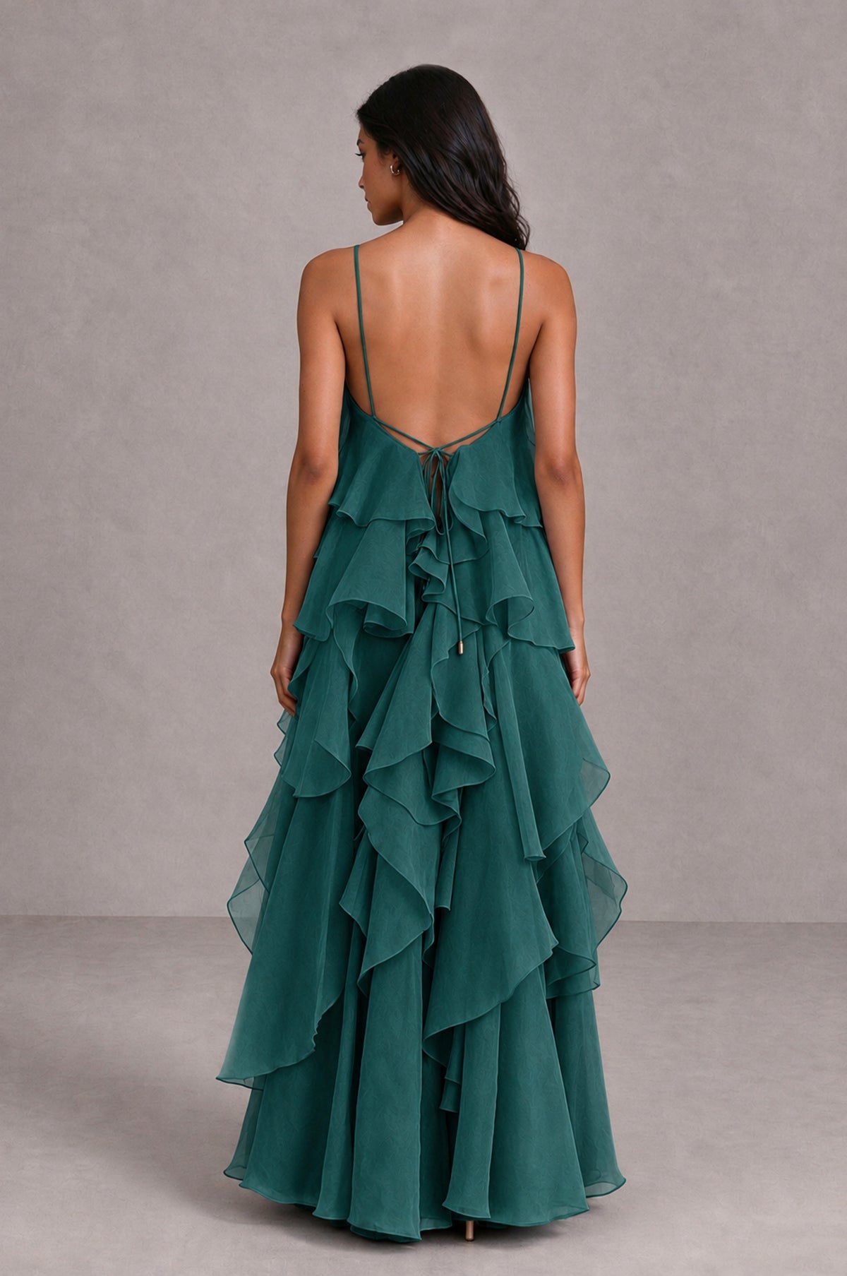 BOLODOO Teal Cascading Ruffle Rosette Open-Back Maxi Dress - Teal - Teal_2