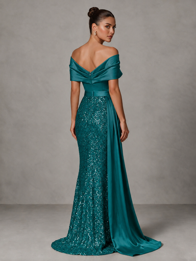 BOLODOO Teal Sequin Mermaid Evening Dress with Off-Shoulder Satin Drape and Sweep Train - Teal - Teal_2