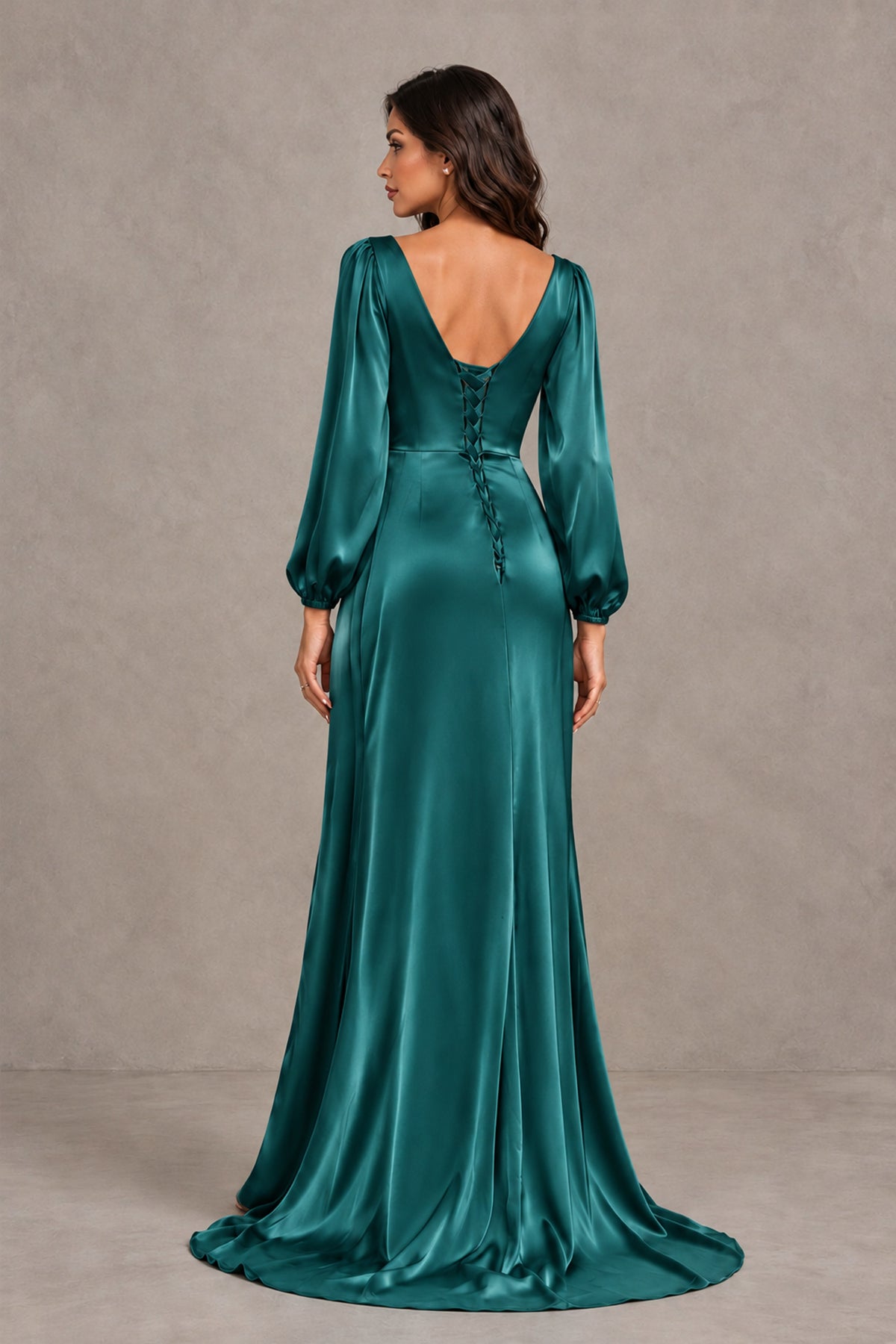 BOLODOO Teal Satin-Look Long Sleeve Evening Dress with High Slit - Teal - Teal_2
