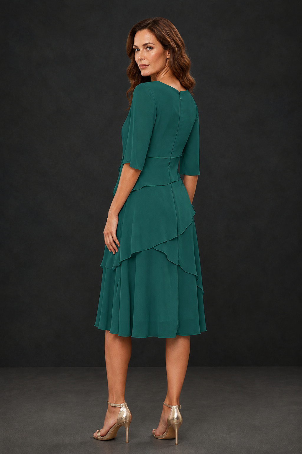 BOLODOO Teal Chiffon 3/4 Sleeve Asymmetric Tiered Tea Length Dress | Mother of the Bride Midi Dress - Teal