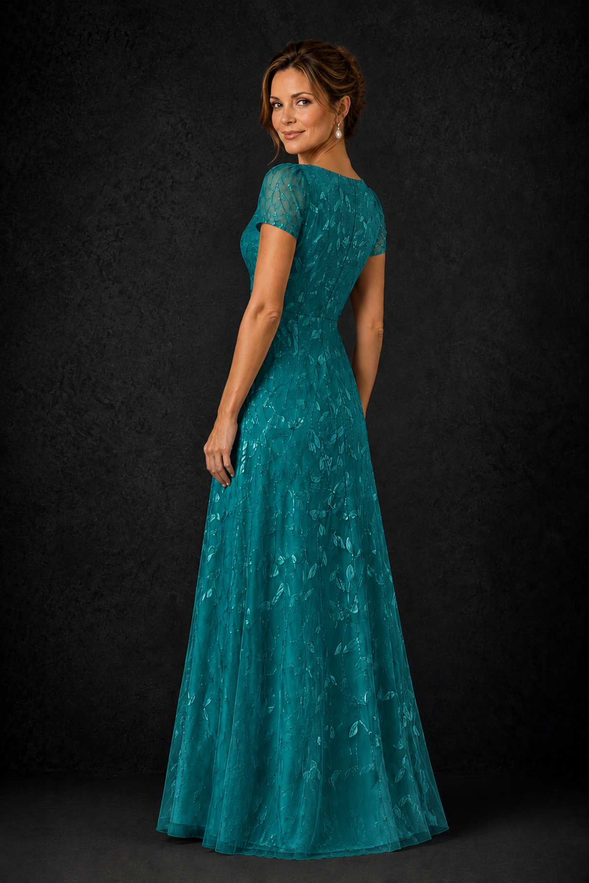 BOLODOO Teal Leaf Embroidered A-Line Formal Gown with Cap Sleeves - Teal - Teal_2