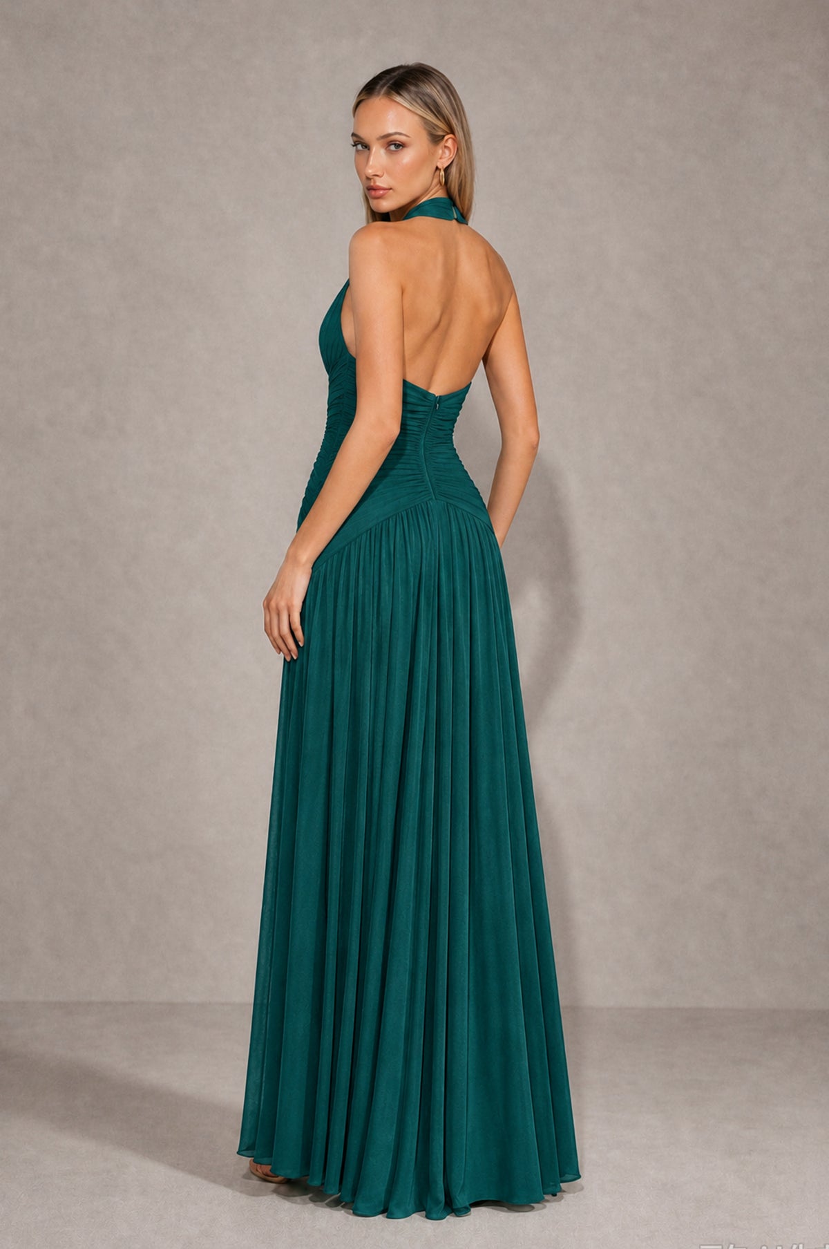 BOLODOO Teal Chiffon Halter Deep V-Neck Ruched A-Line Backless Maxi Dress with Train-BD0167 - Teal - Teal_2