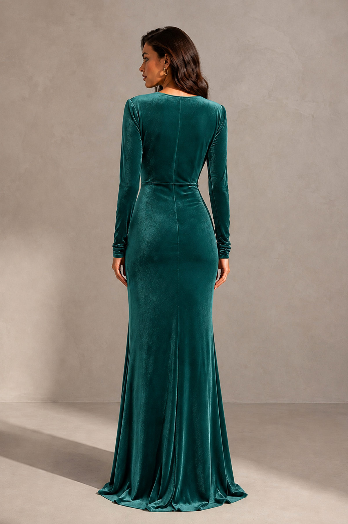 BOLODOO Teal Velvet Long Sleeve V-Neck Ruched Evening Gown - Teal
