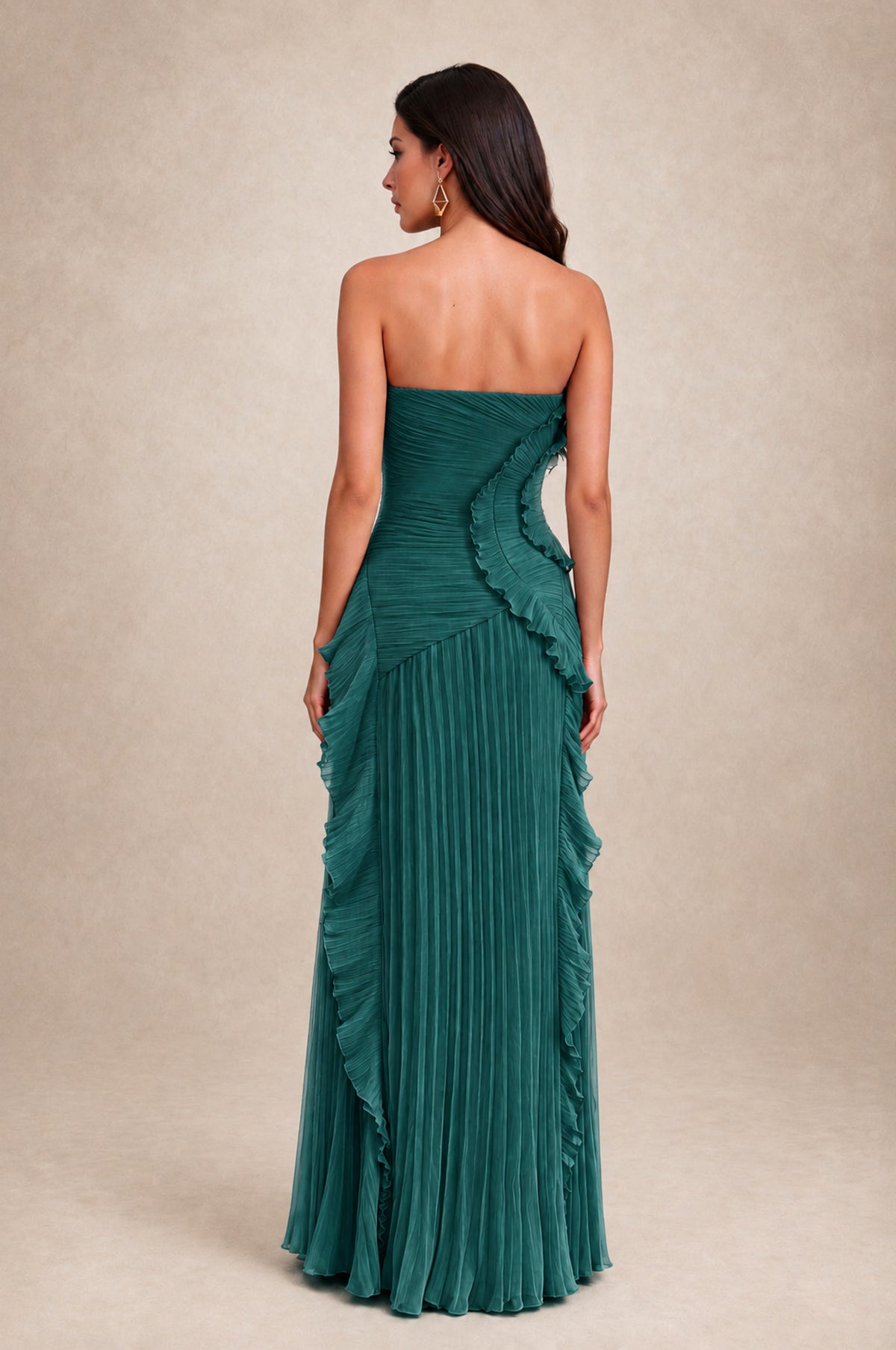 BOLODOO Teal Strapless Ruffle Pleated Slit Evening Gown - Teal - Teal_2