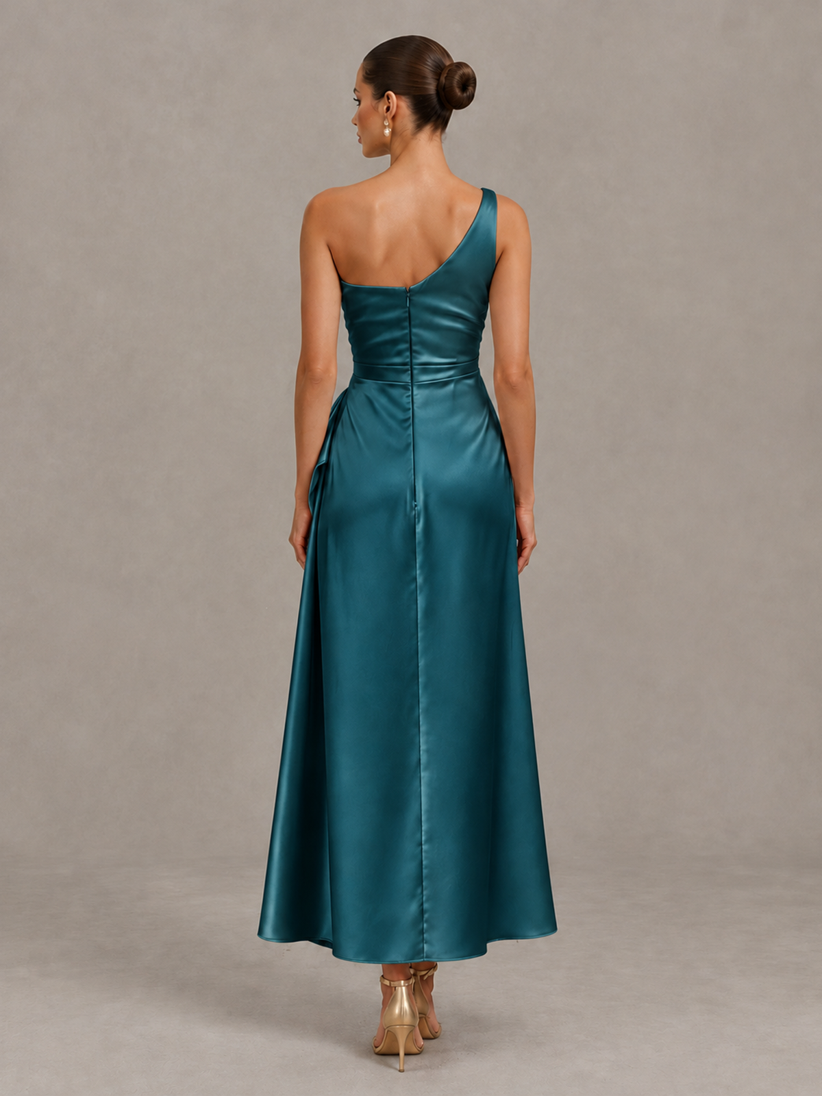 BOLODOO Teal One Shoulder Satin Cocktail Dress with Draped A-Line Skirt - Teal - Teal_2