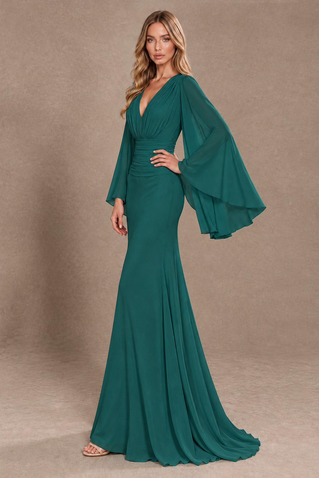 BOLODOO Teal Cape Sleeve V-Neck Ruched Chiffon Evening Dress - Teal - Teal_2