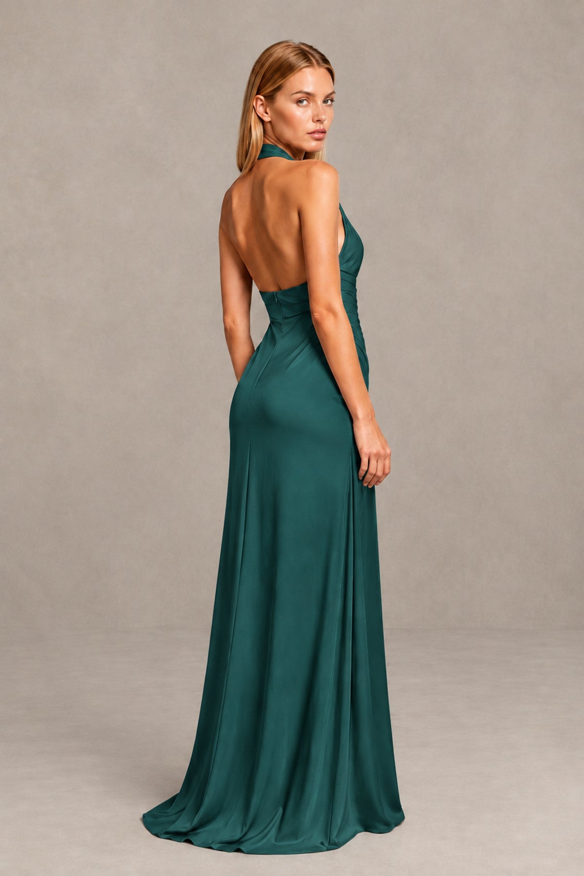 BOLODOO Teal Twisted Halter Neck Ruched Sleeveless Open Back Floor-Length Gown - Teal - Teal_2