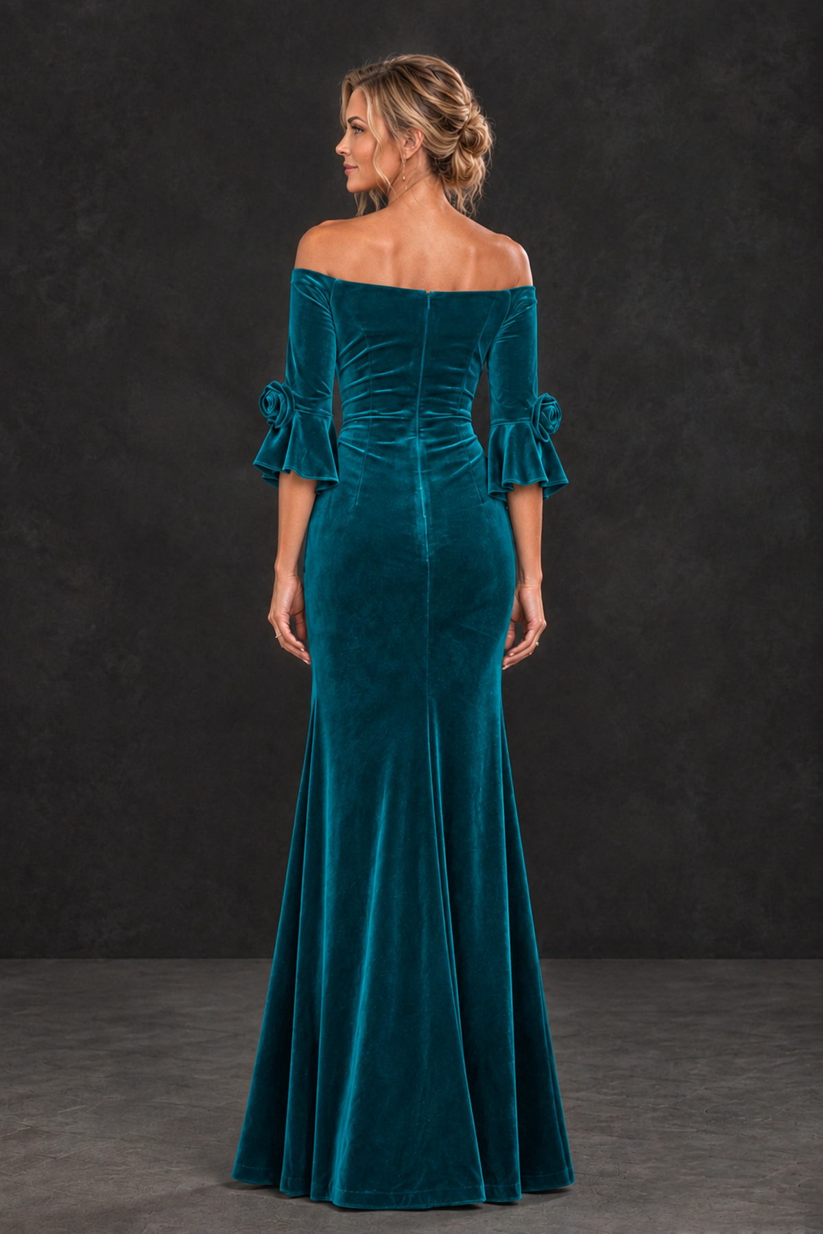 BOLODOO Teal Velvet Off-Shoulder Mother of the Bride Dress – 3/4 Floral Cuff Sleeve Mermaid Evening Gown - Teal - Teal_2