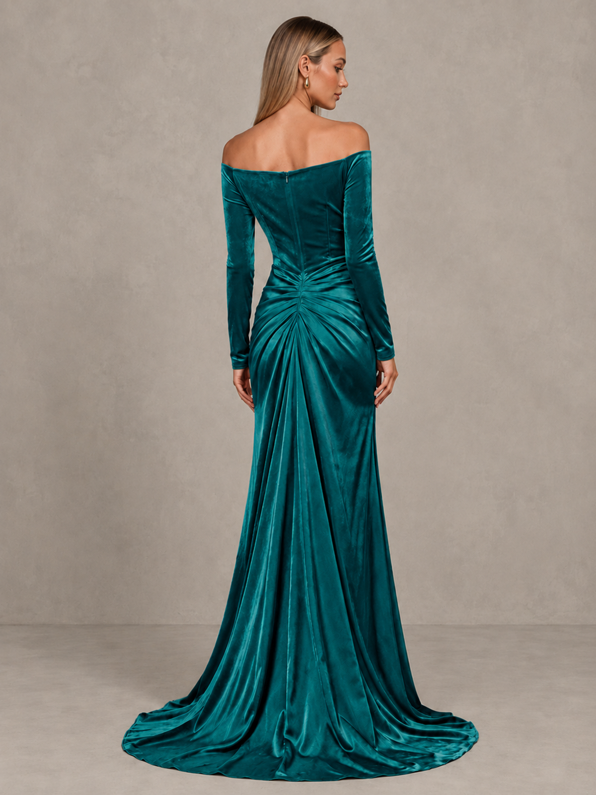 BOLODOO Teal Off-Shoulder Velvet Evening Gown with High Slit - Teal - Teal_2