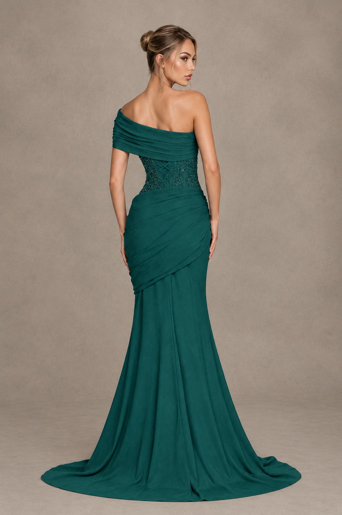 BOLODOO Teal One-Shoulder Sequin Embroidered Ruched Mermaid Gown with Train - Teal - Teal_2