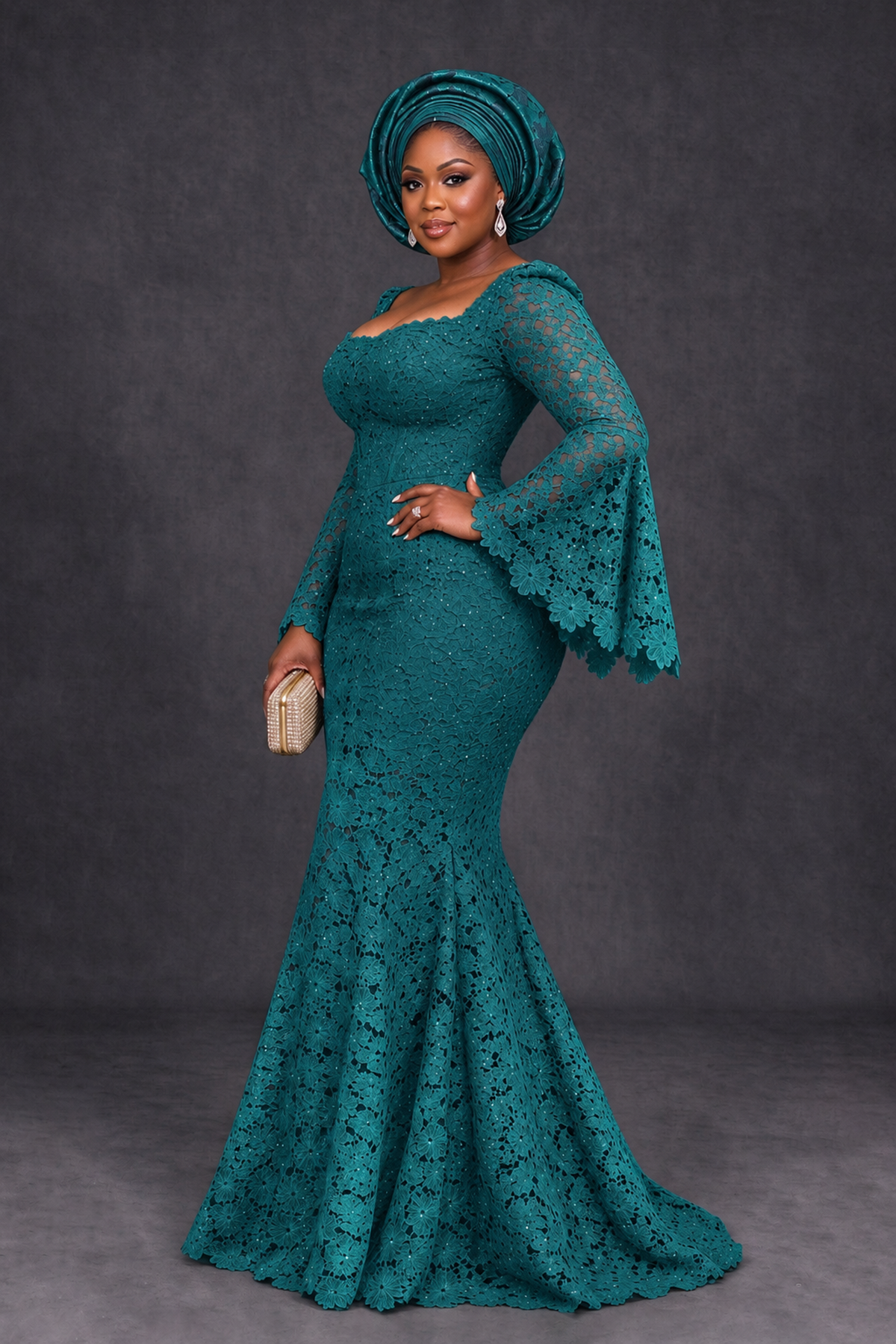 BOLODOO Teal African Lace Mermaid Dress, Plus Size Nigerian Wedding Guest Gown with Bell Sleeves - Teal - Teal_3
