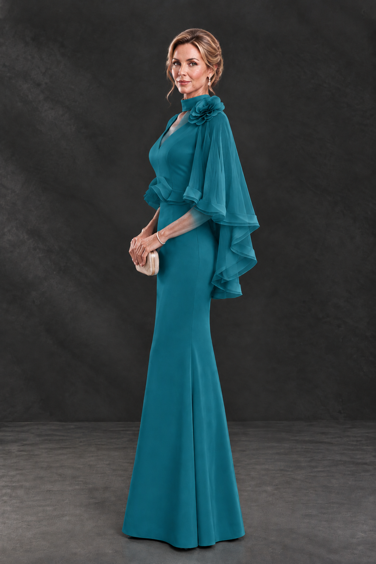 BOLODOO Teal Floral Cape Sleeve Mother of the Bride Dress - Teal - Teal_3