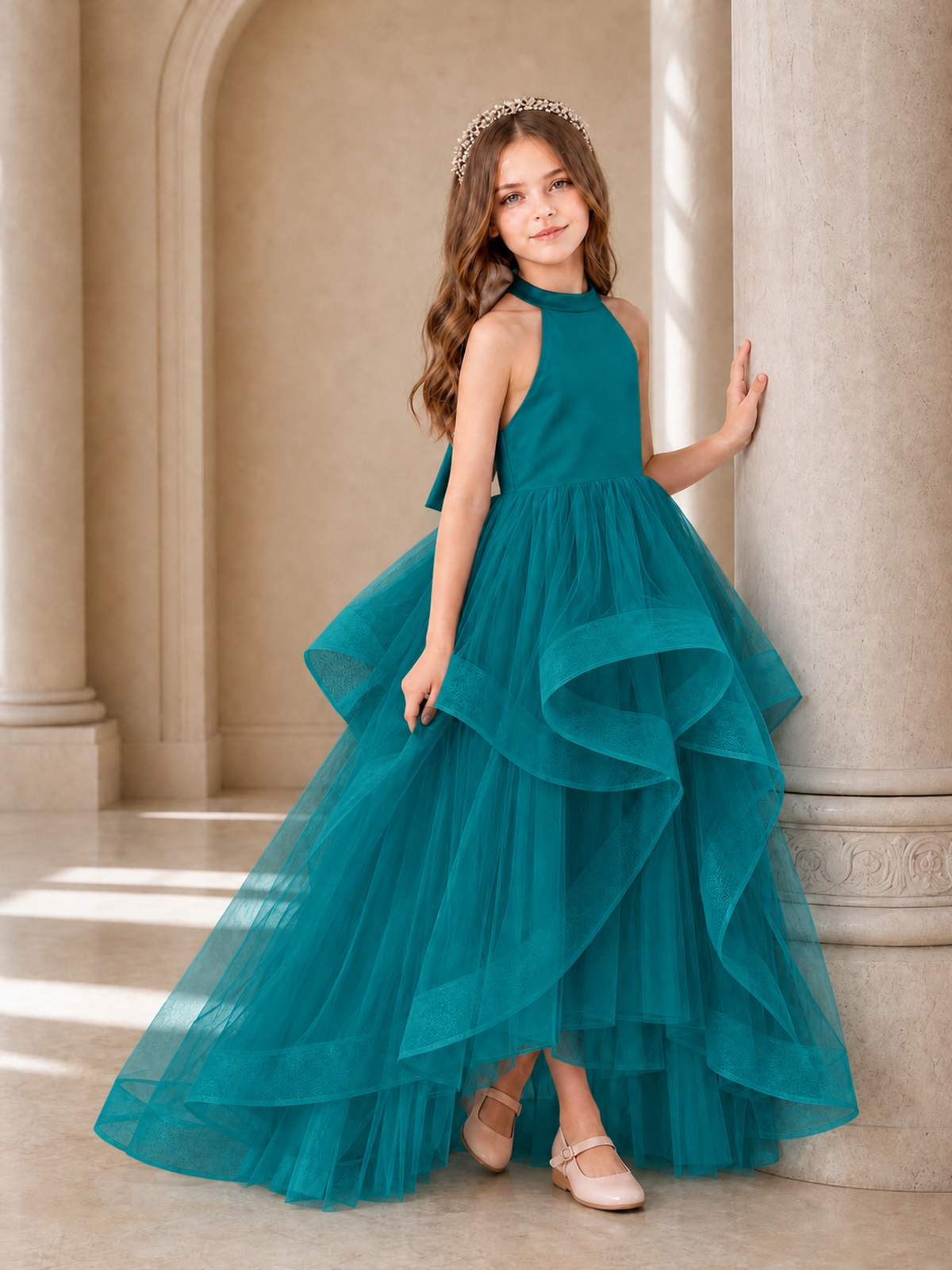 BOLODOO Teal Halter Tiered Tulle Flower Girl Dress with Bow Back - Teal - Teal_3