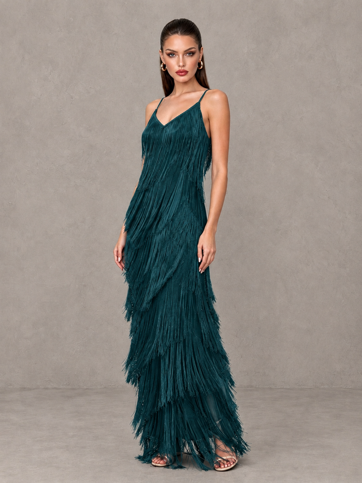 BOLODOO Teal V-Neck Spaghetti Strap Fringe Maxi Evening Dress - Teal - Teal_3