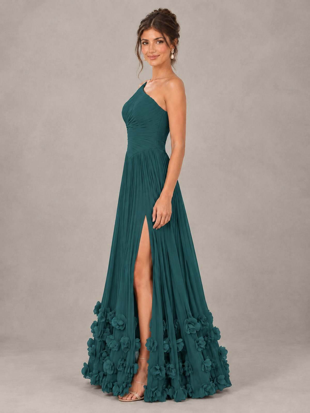BOLODOO Teal One-Shoulder Pleated Bridesmaid Dress with 3D Floral Hem - Teal - Teal_3