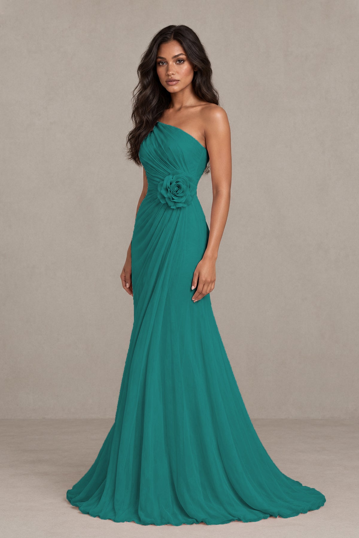 BOLODOO Teal One-Shoulder Floral Ruched Maxi Dress - Teal