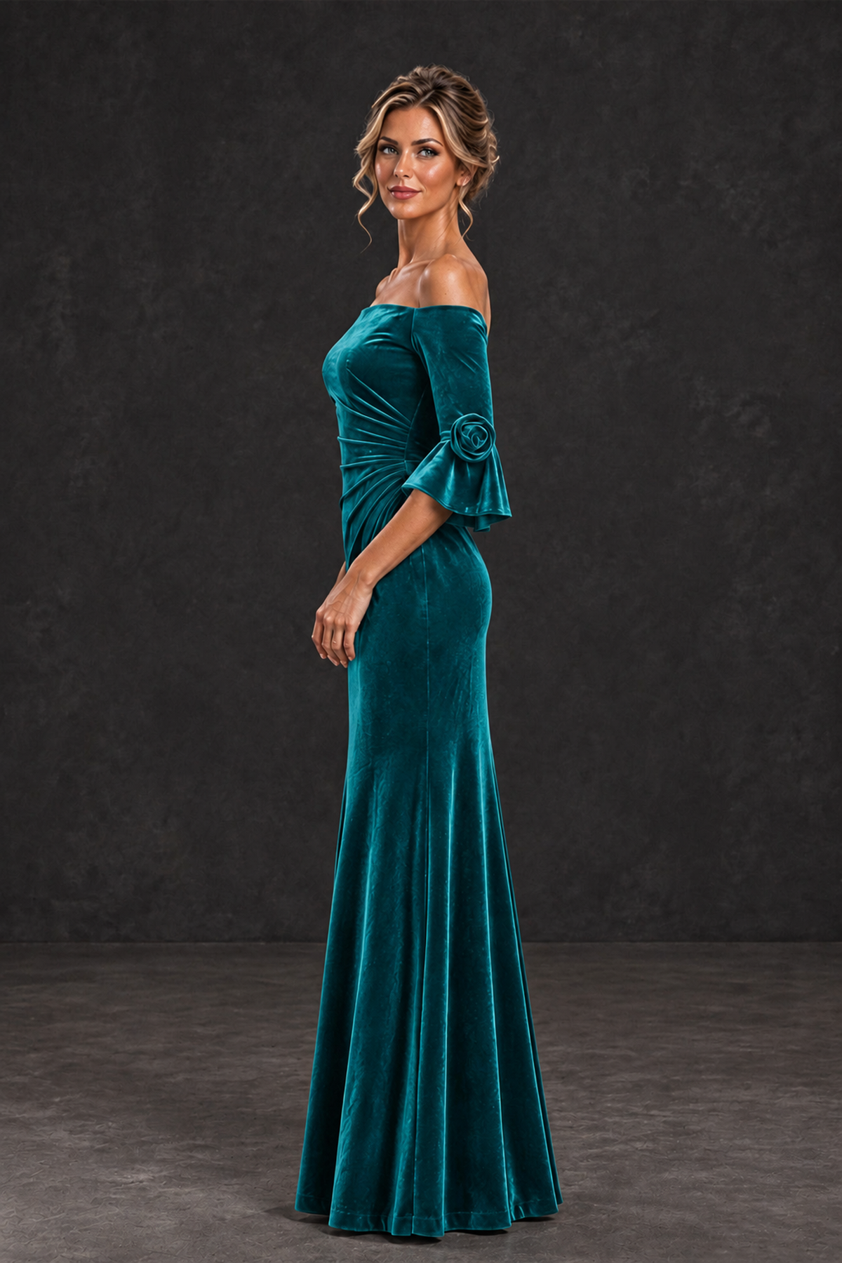 BOLODOO Teal Velvet Off-Shoulder Mother of the Bride Dress – 3/4 Floral Cuff Sleeve Mermaid Evening Gown - Teal - Teal_3