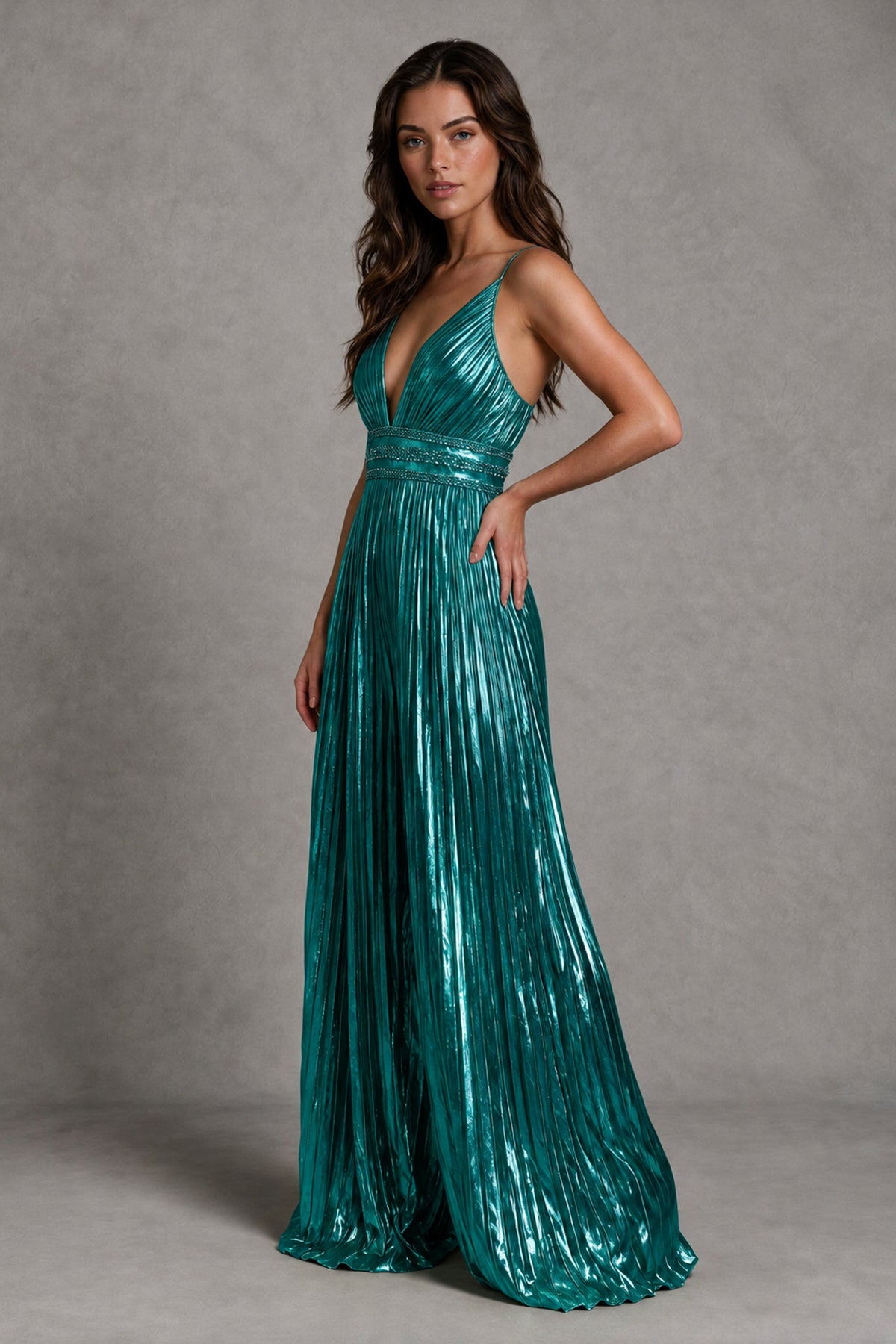BOLODOO Teal Pleated Wide-Leg Jumpsuit with Open Back - Teal