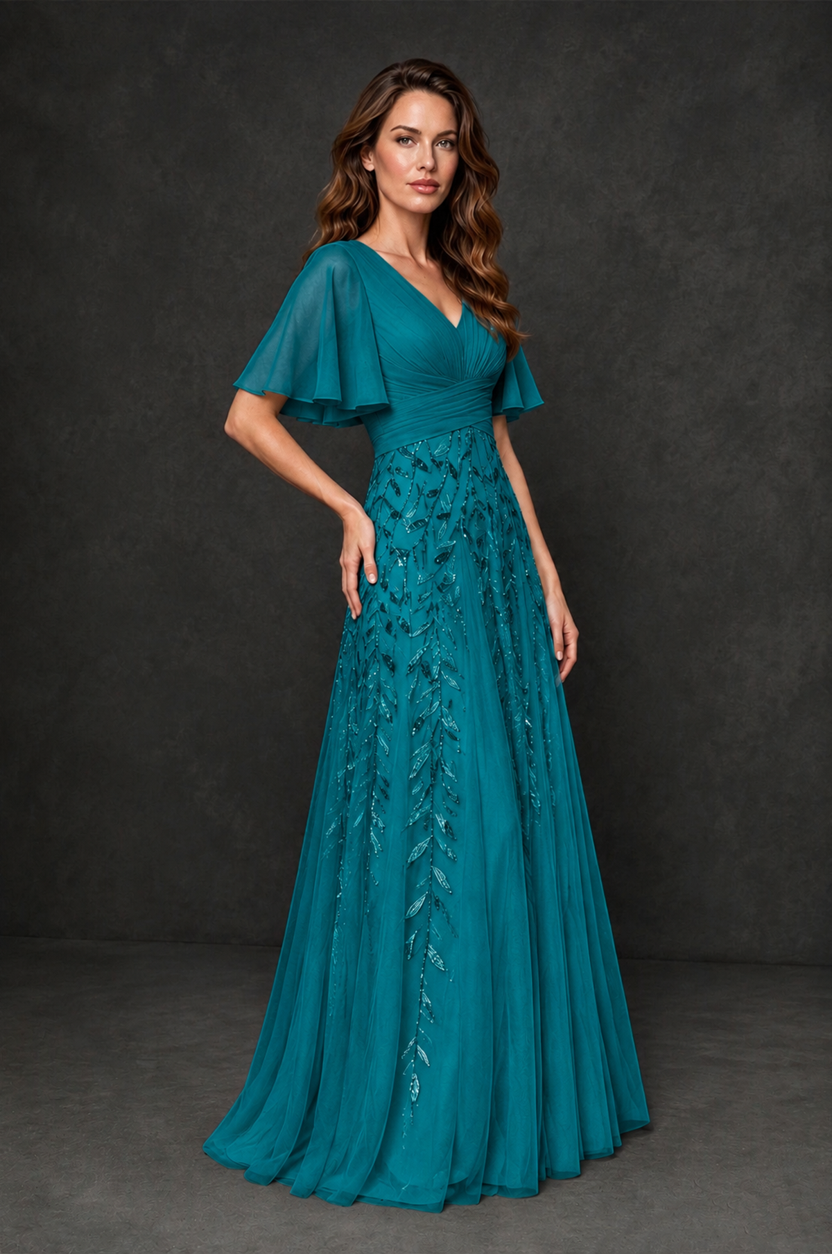 BOLODOO Teal V-Neck Flutter Sleeve Beaded Botanical Tulle A-Line Gown | Mother of the Bride Evening Dress - Teal - Teal_3