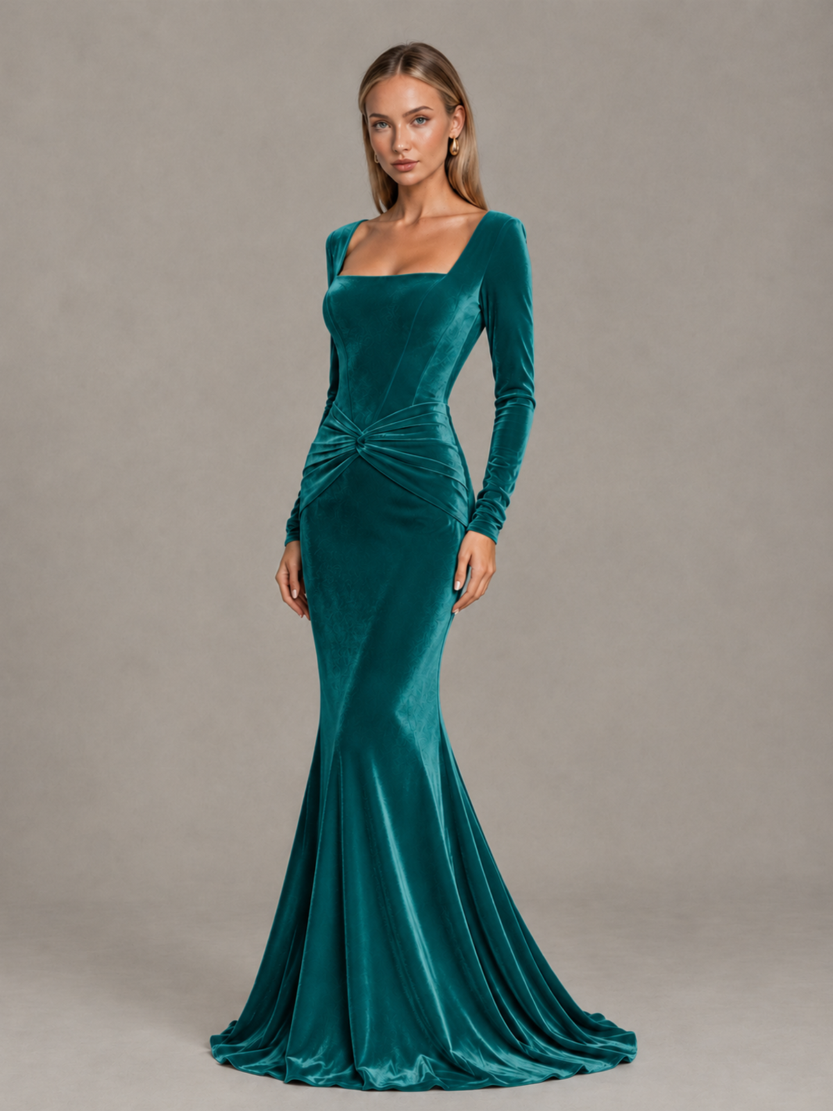 BOLODOO Teal Velvet-Look Square Neck Long Sleeve Mermaid Evening Dress - Teal - Teal_3