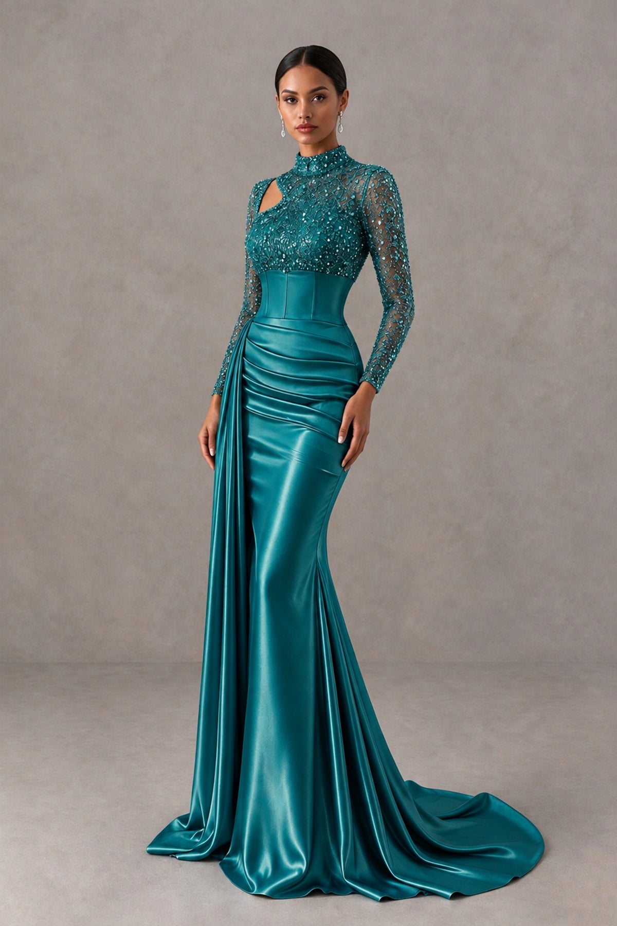 BOLODOO Teal Long Sleeve Embellished Satin Mermaid Evening Gown - Teal - Teal_3