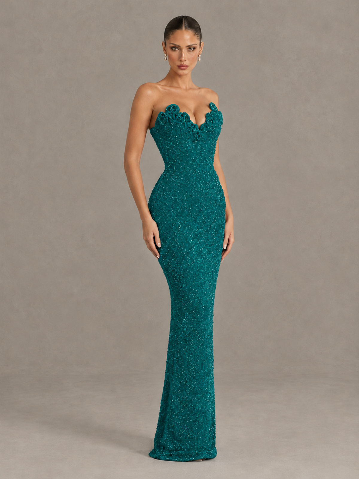 BOLODOO Teal Strapless Sequin Evening Gown with Floral Neckline - Teal - Teal_3