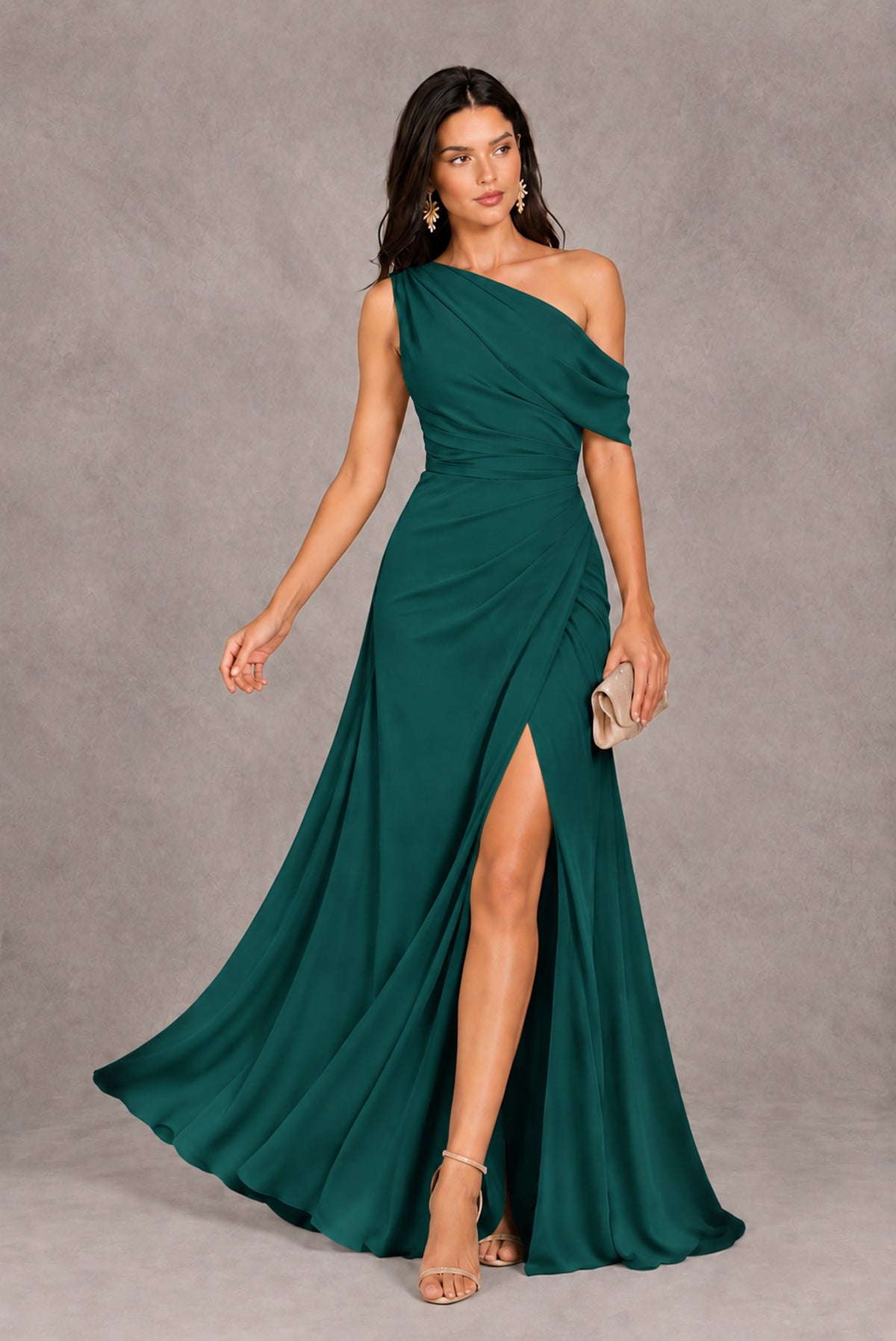 Teal One-Shoulder Floor-Length Evening Gown with High Slit - Teal