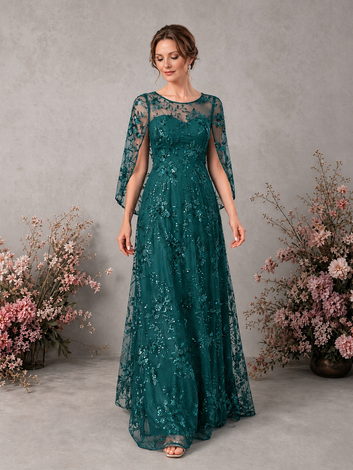 BOLODOO Teal Sequin Lace Cape Sleeve Formal Evening Gown - Teal - Teal_3