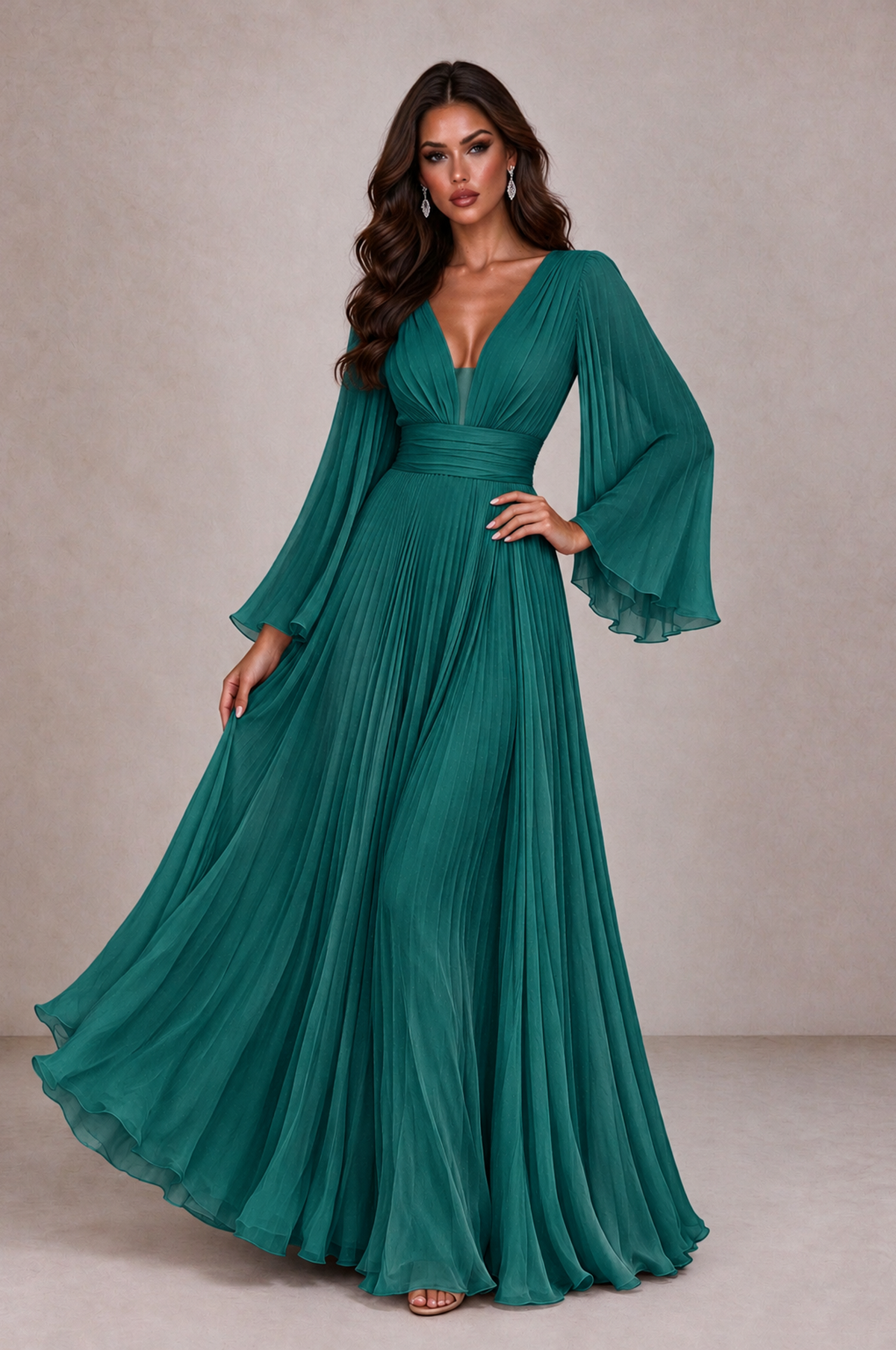 BOLODOO Teal Pleated Deep V-Neck Long Bell Sleeve Evening Dress - Teal - Teal_3