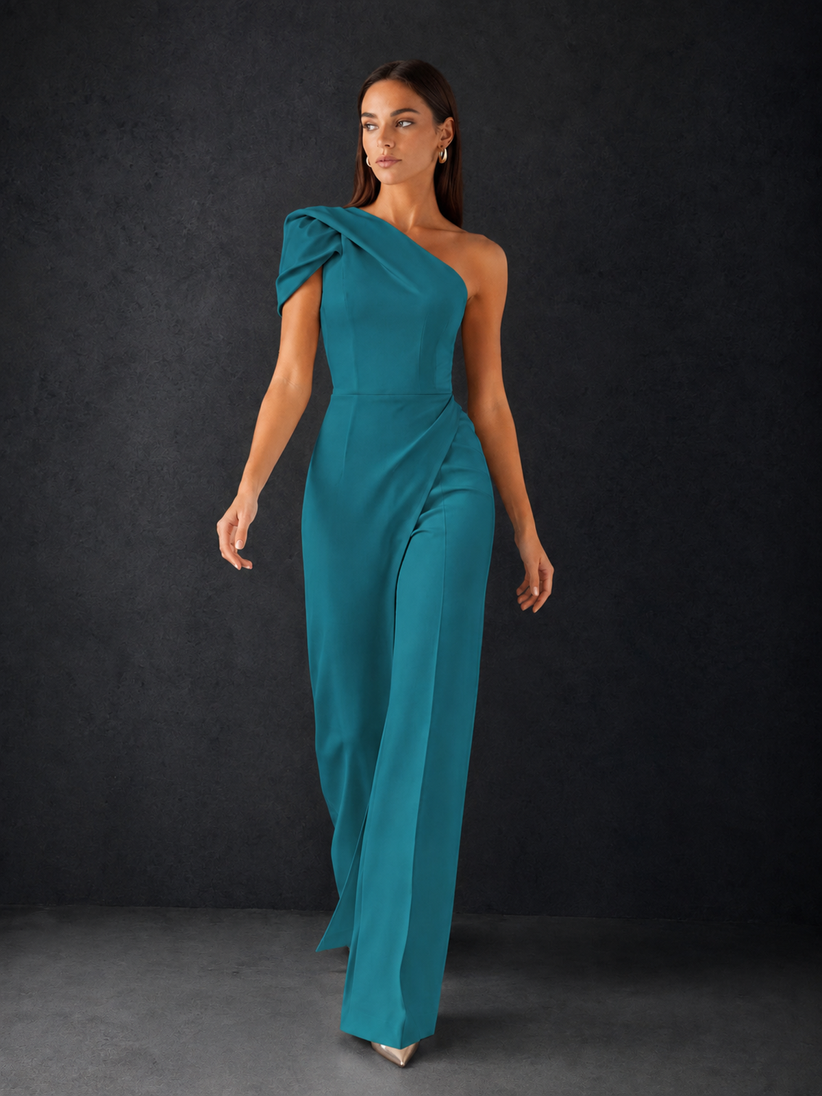 BOLODOO Teal One-Shoulder Puff Sleeve Wide-Leg Jumpsuit with Front Slit and Open Back - Teal