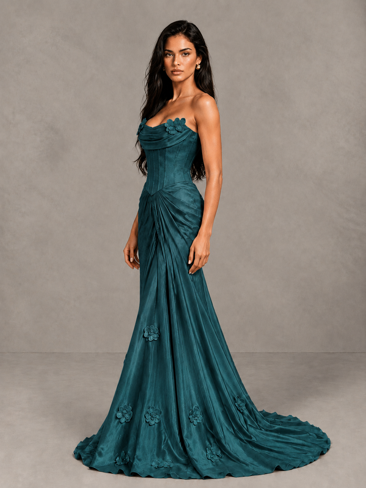 BOLODOO Teal Strapless Floral Corset Evening Gown with Train - Teal - Teal_3