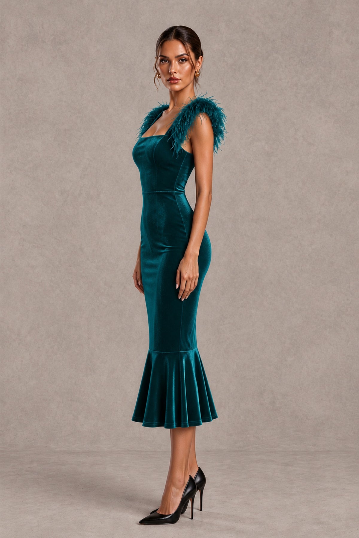 BOLODOO Teal Feather-Trim Velvet-Look Mermaid Midi Dress - Teal - Teal_3