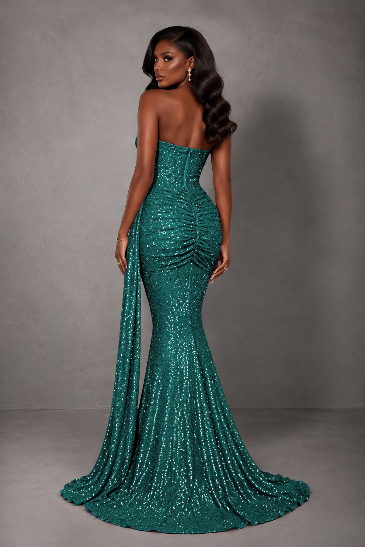 BOLODOO Teal Sequin Strapless Corset Mermaid Evening Gown with Train - Teal