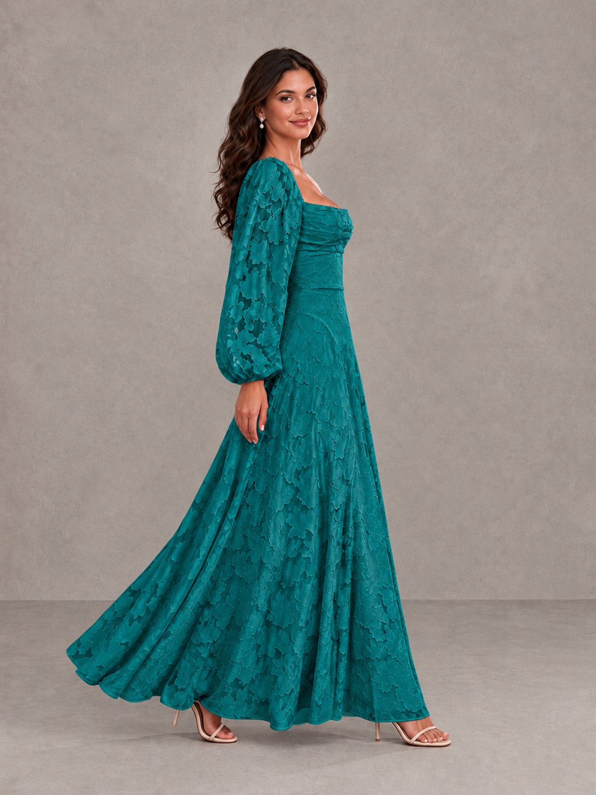 BOLODOO Teal Floral Long Sleeve A-Line Bridesmaid Dress - Teal - Teal_3