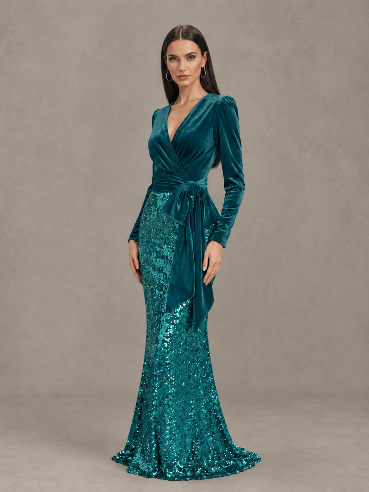 BOLODOO Teal Velvet & Sequin Long Sleeve V-Neck Mermaid Evening Gown - Teal - Teal_3
