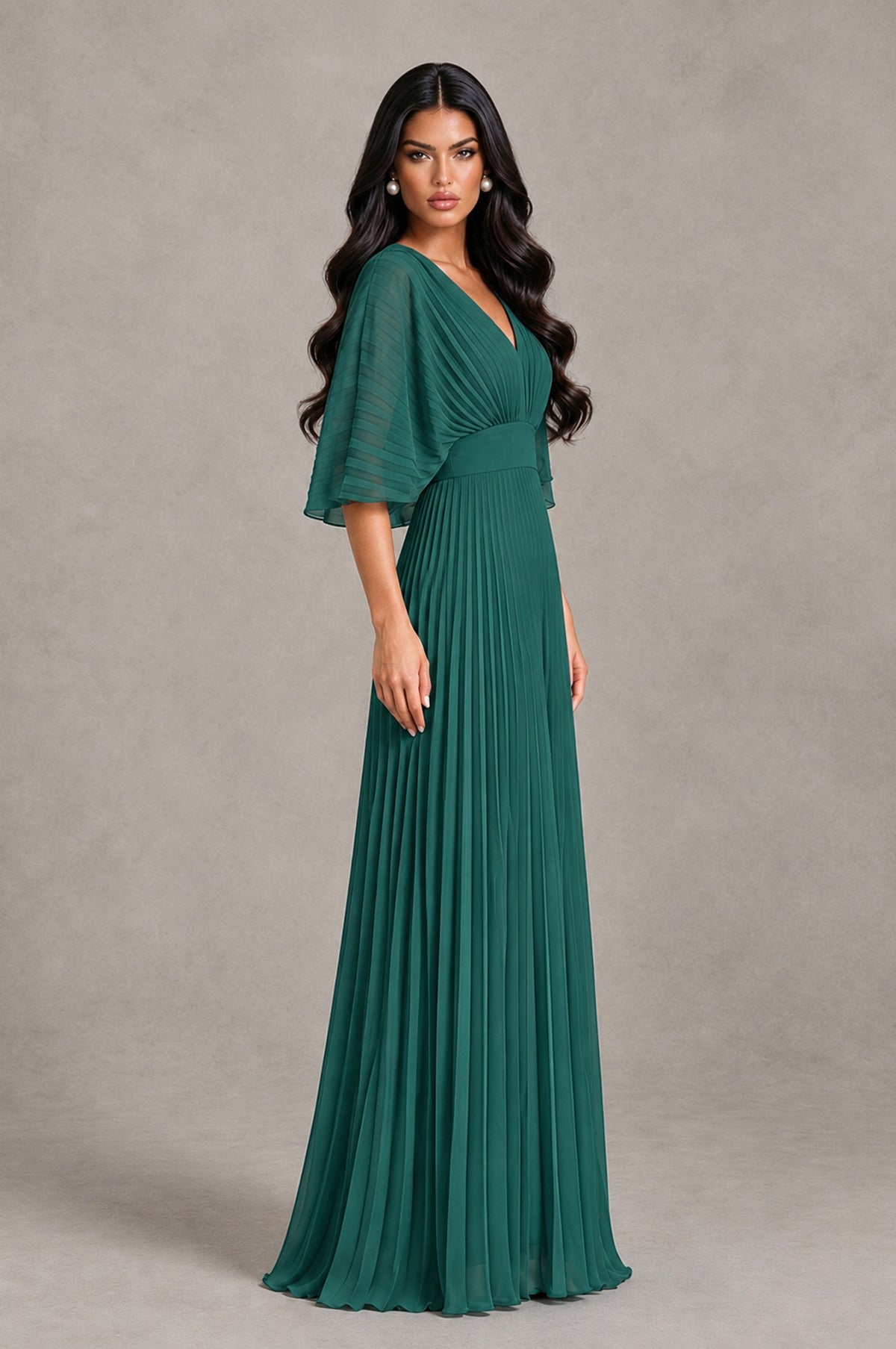 BOLODOO Teal V-Neck Pleated Flutter Sleeve Formal Dress - Teal - Teal_3