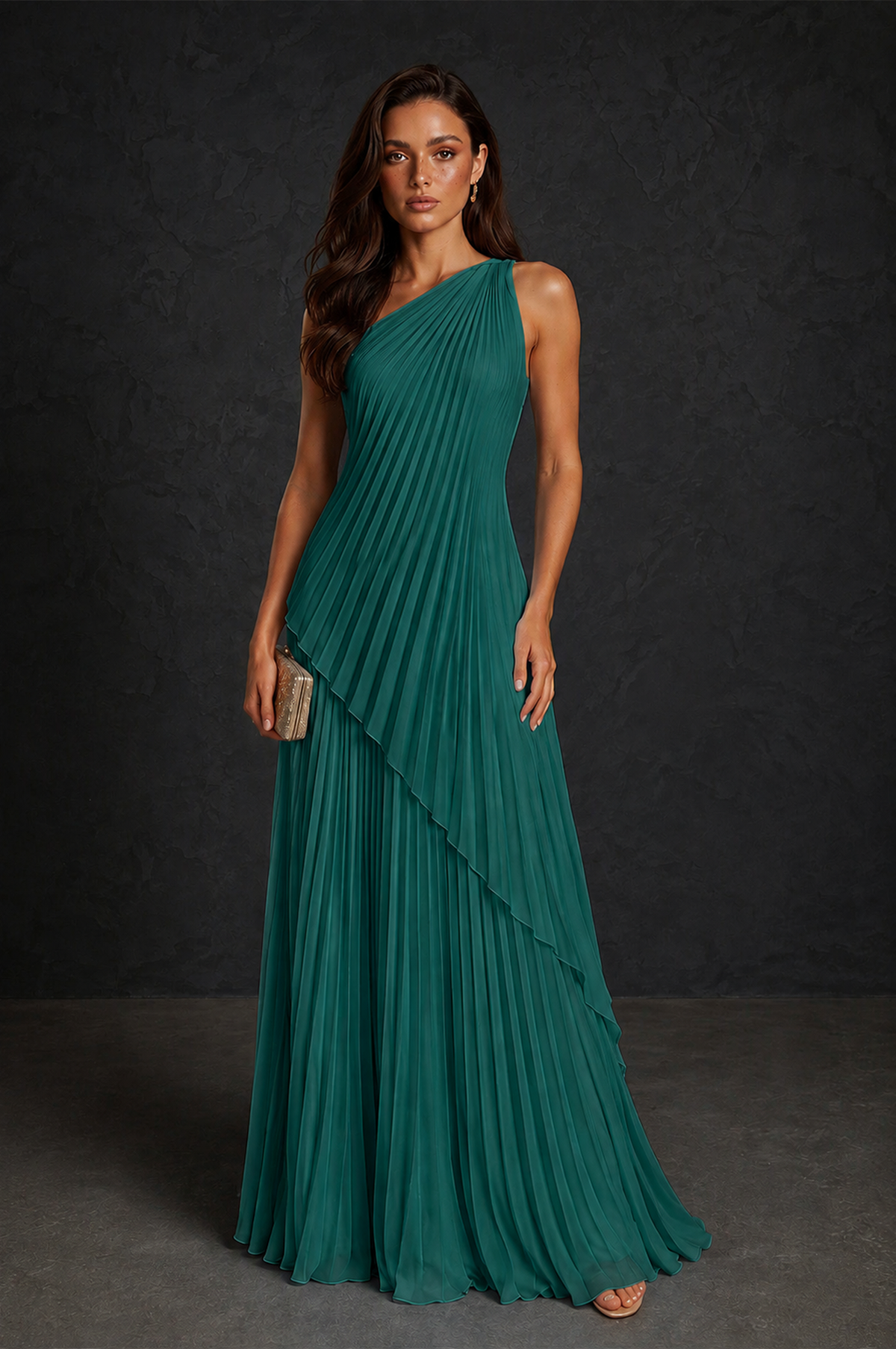 BOLODOO Teal One-Shoulder Sunburst Pleated Asymmetric Layered Overlay Accordion Pleated Chiffon Maxi Dress - Teal