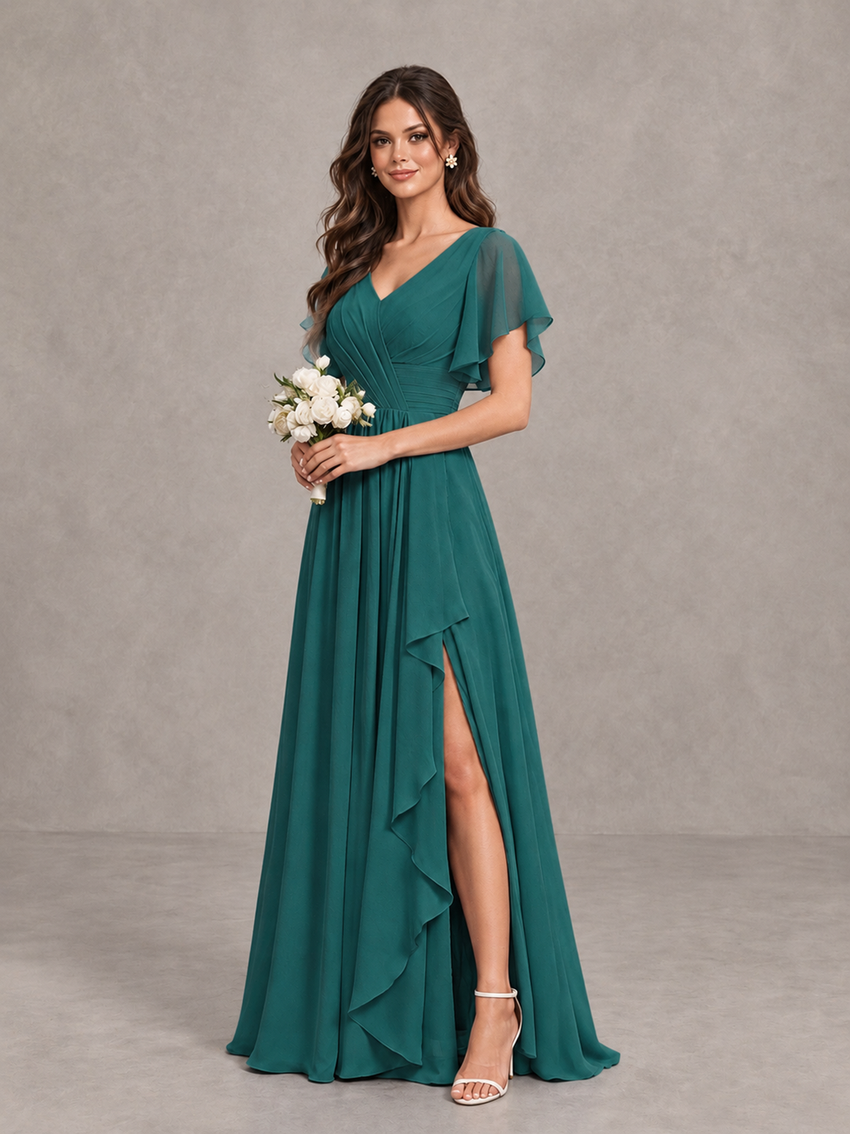 BOLODOO Teal Flutter Sleeve V-Neck Bridesmaid Dress with Ruffle Slit - Teal - Teal_3