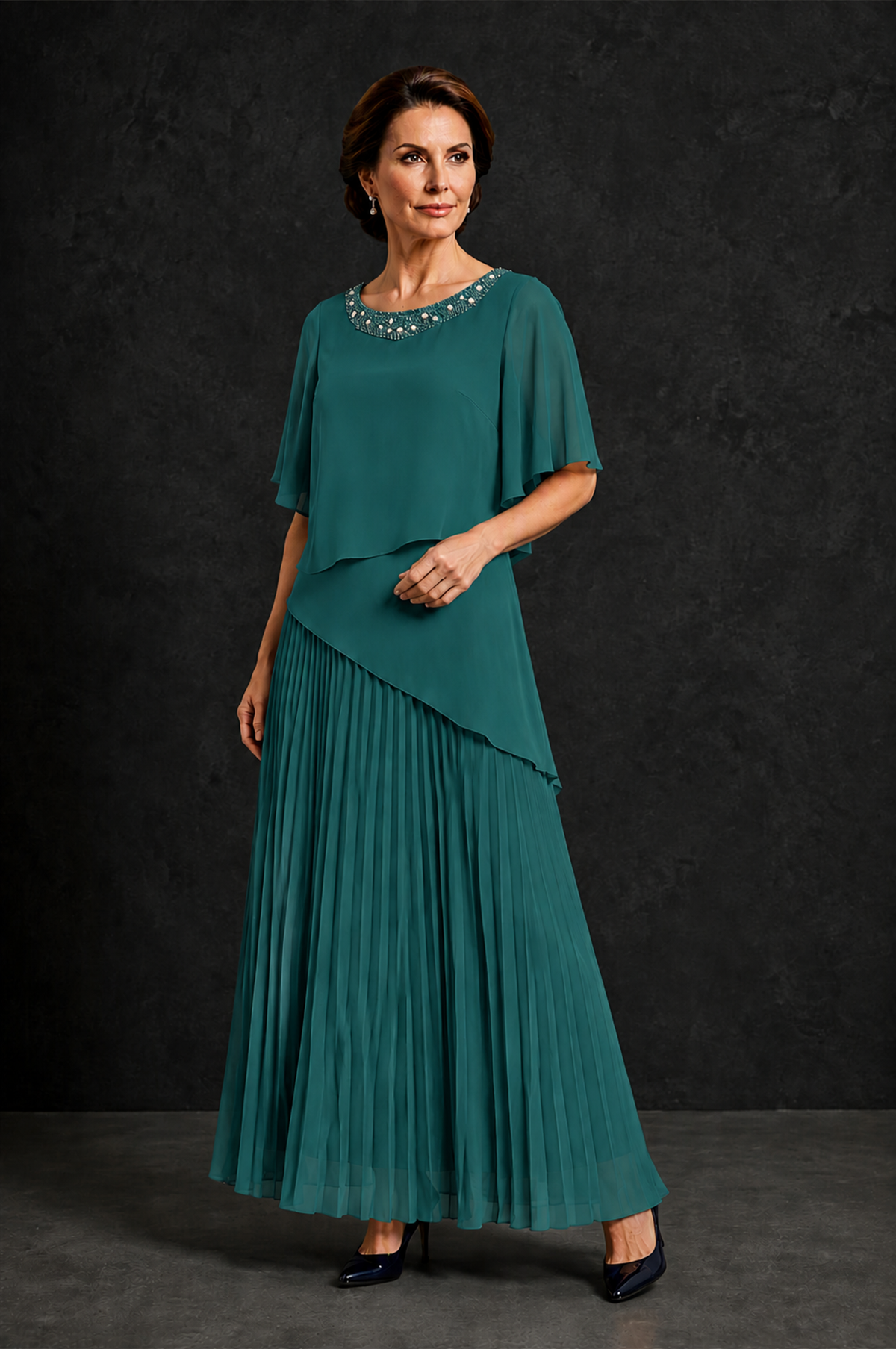 BOLODOO Teal Pearl Beaded Neck Asymmetric Tiered Flutter Sleeve Pleated Chiffon Maxi Dress - Teal - Teal_3