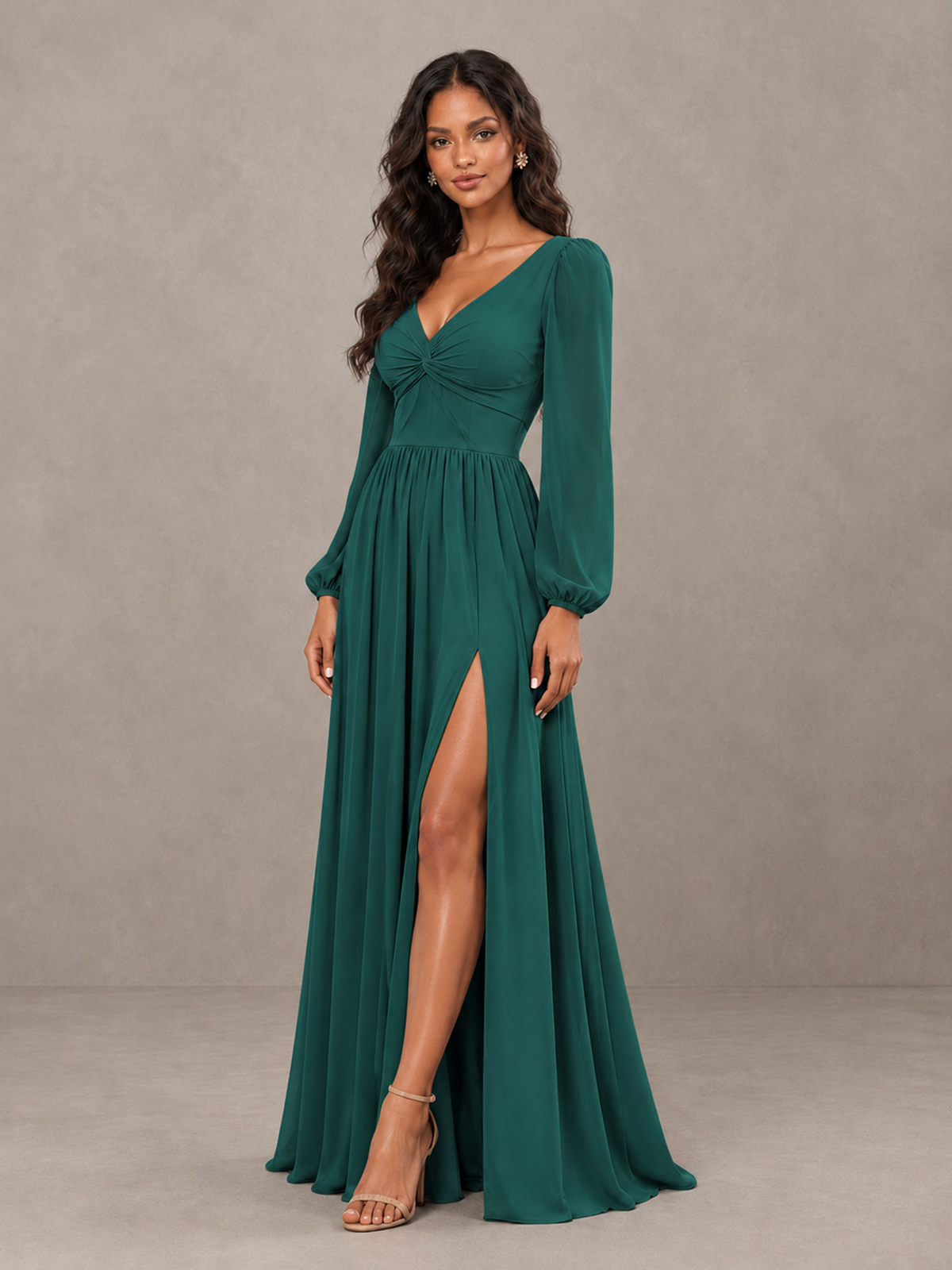 BOLODOO Teal V-Neck Long Sleeve Bridesmaid Dress with Tie Back and Slit - Teal - Teal_3